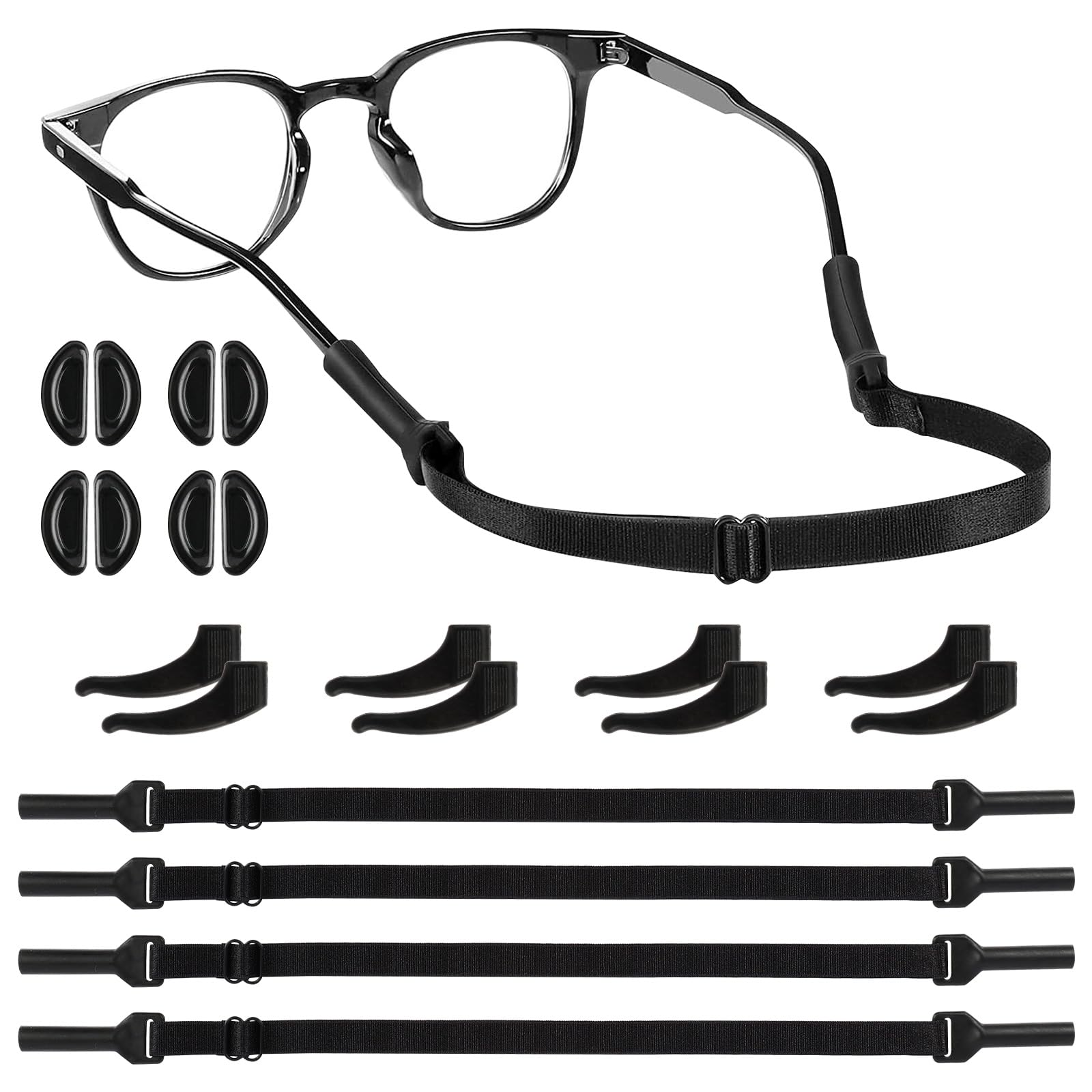 BBXWANG 4 Negro Cordon Gafas Deportivas, Ajustable Elástico Cordones para Gafas, Antideslizantes Sujeta Gafas, Anteojos Sol Retenedores Cordón para Gafas para Hombre, Mujer, Niño