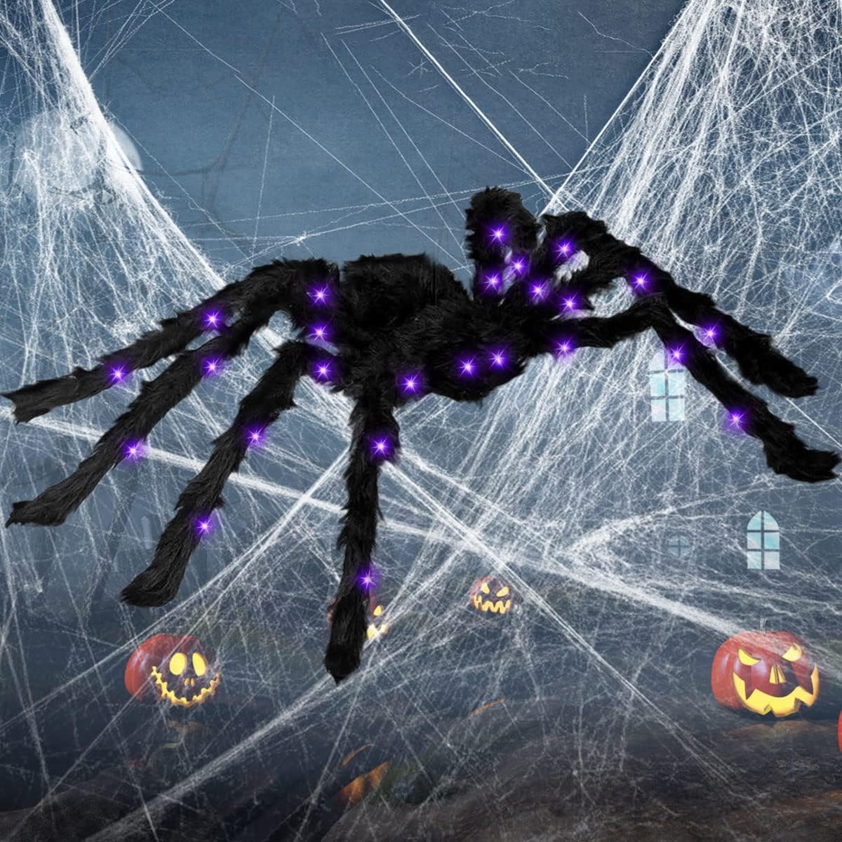 4Ft Giant Spiders, Halloween Realistic Black Hairy Spiders, with Purple LED Lights