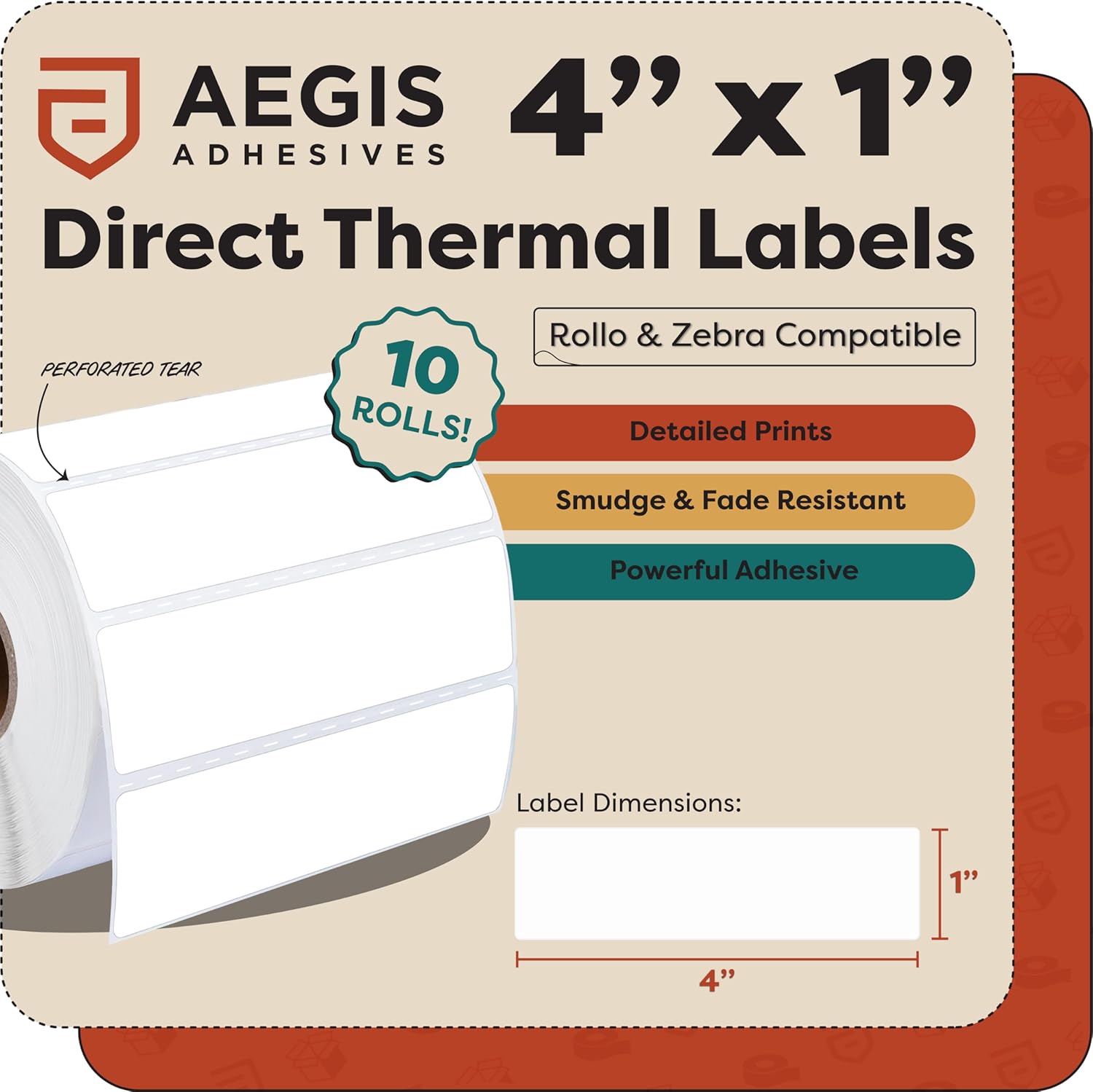 Aegis Adhesives - 4" X 1" Direct Thermal Labels (10 Rolls, 1300 Labels/Roll) for Barcodes, Address - Perforated, Compatible with Rollo, Zebra, and Other Desktop Label Printers