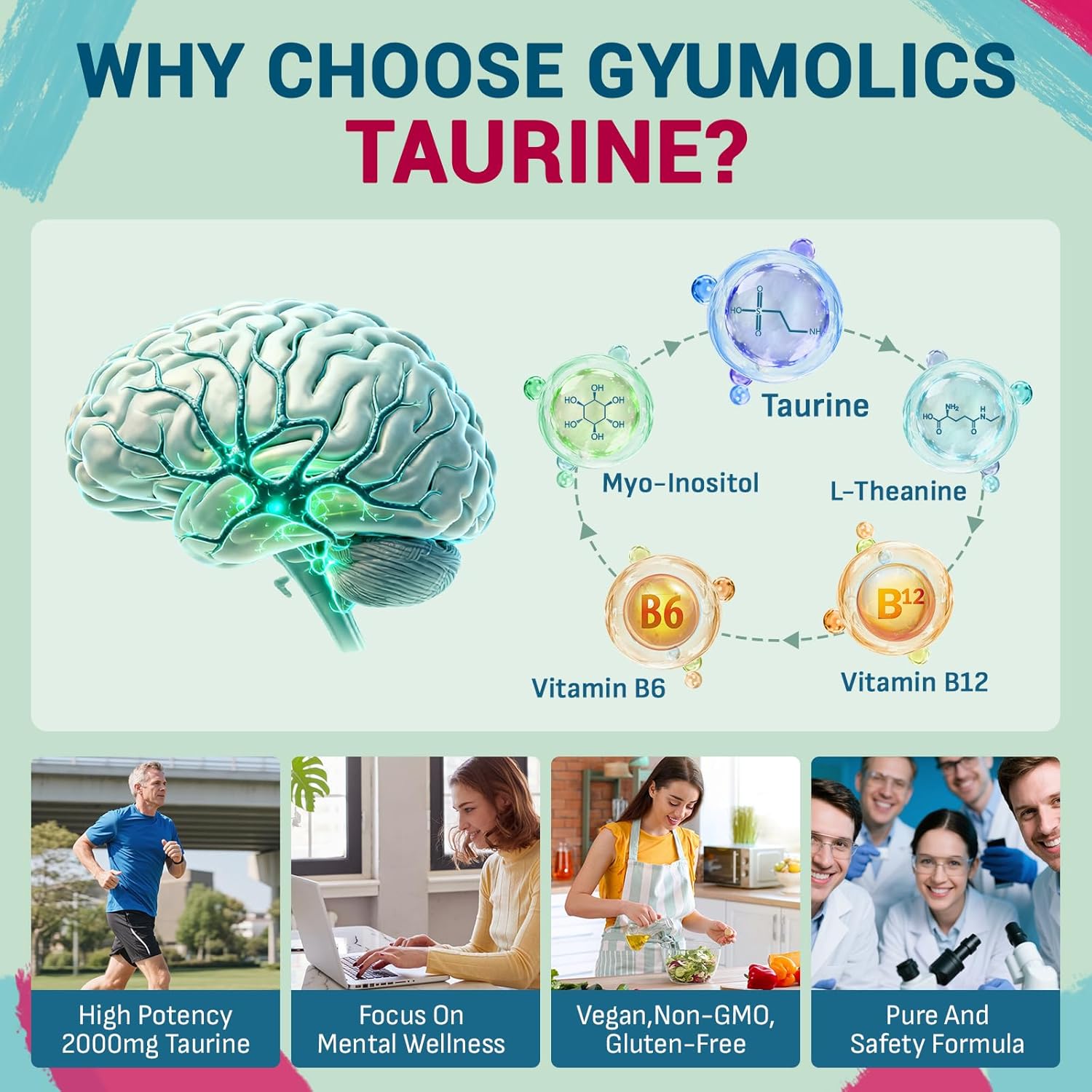 Taurine Supplement 2000mg - Amino Acid Supplement with L-Theanine, Inositol, B6 & B12 - Non-GMO, Gluten-Free, Vegetarian Capsules - 240 Taurine Capsules