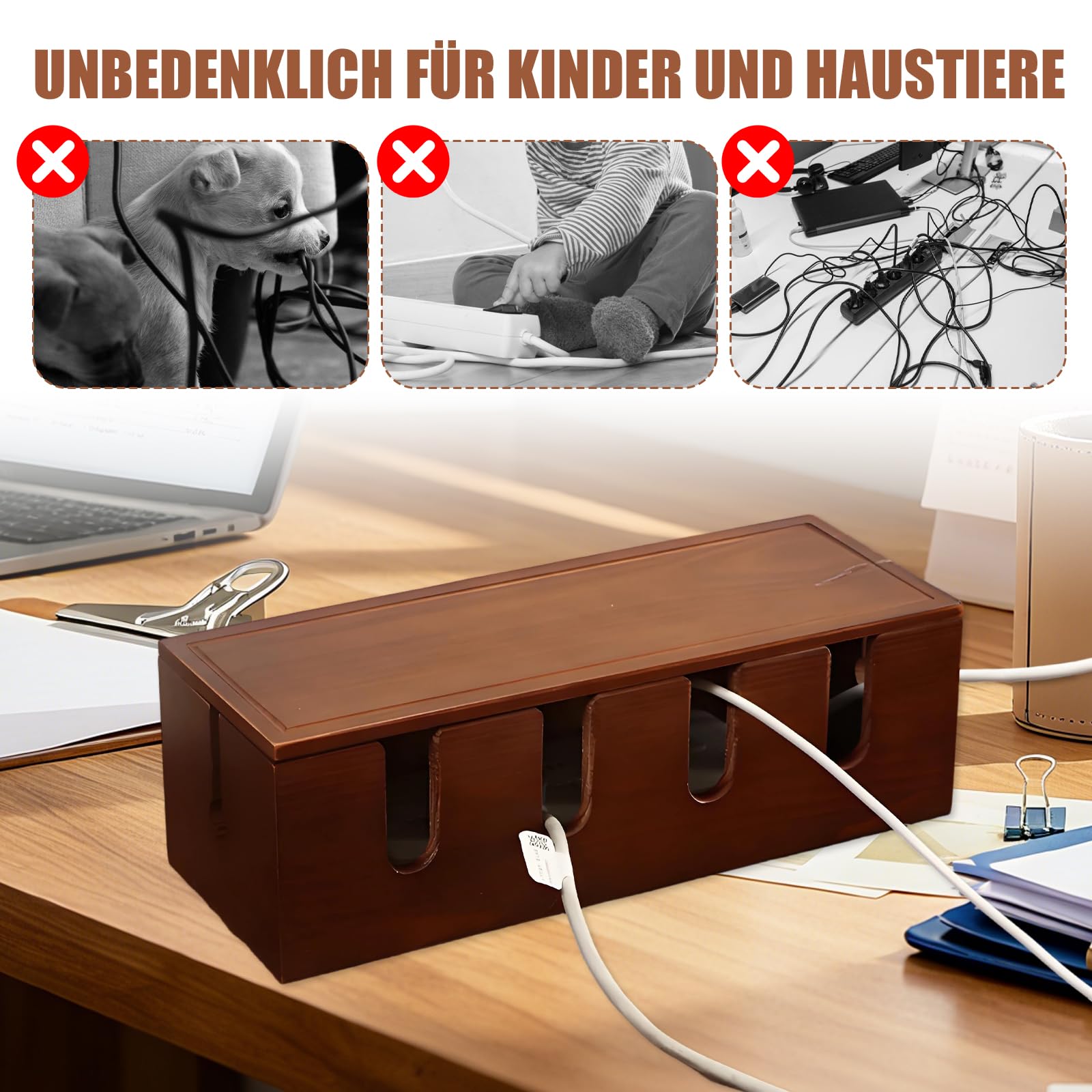 Massivholz Kabelmanagement Box 37,8x14x12cm - Große Kabelbox zum Verstecken von Steckdosenleisten und Kabeln - Braun Holz Kabel Organizer für Schreibtisch, TV und Büro - Kinder- und Haustiersicher