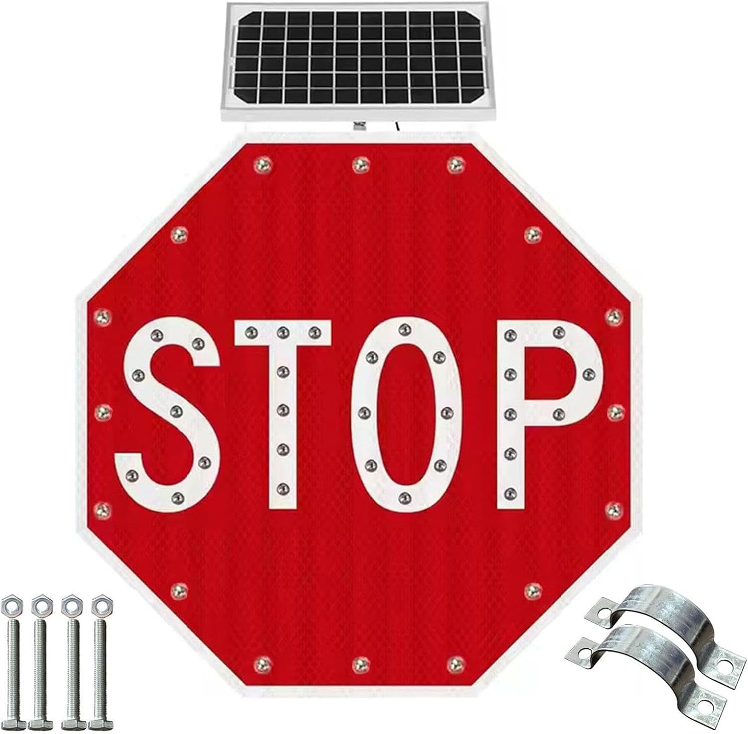 24" Solar LED Stop Sign, Blinking Traffic Warning Sign, Solar Powered Illuminated Crosswalk Sign, Safety Alert for Roads, Eco-Friendly Aluminum Traffic Signal
