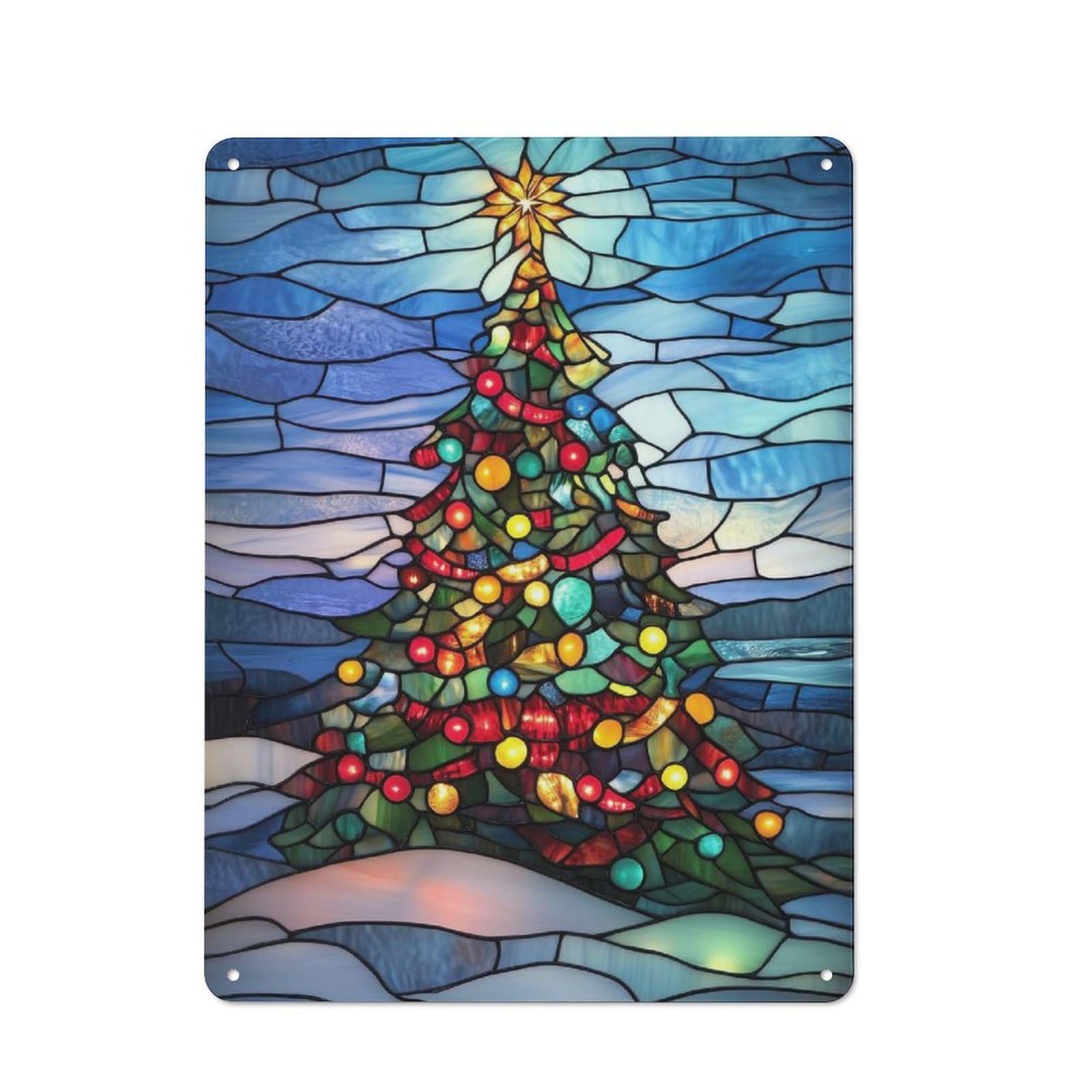 Junmoney Stained Glass Christmas Tree Creative Metal Wall Decor 40X30cm, Metal Desk Wall Sign For Hobby Room, Office, Lounge Or Living Room