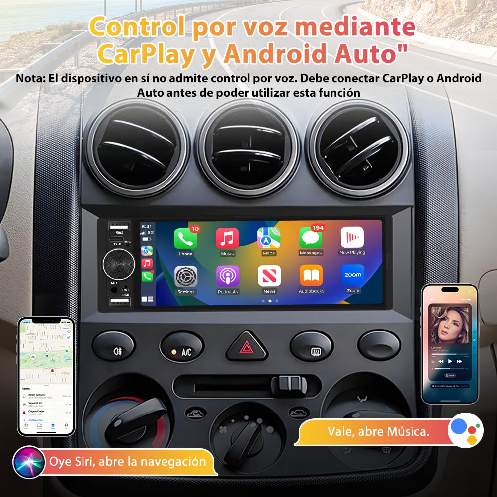 Junsun Radio Coche Universal 1 DIN con 6.36 Pulgadas Pantalla Táctil, con CarPlay/AndroidAuto/Admite
