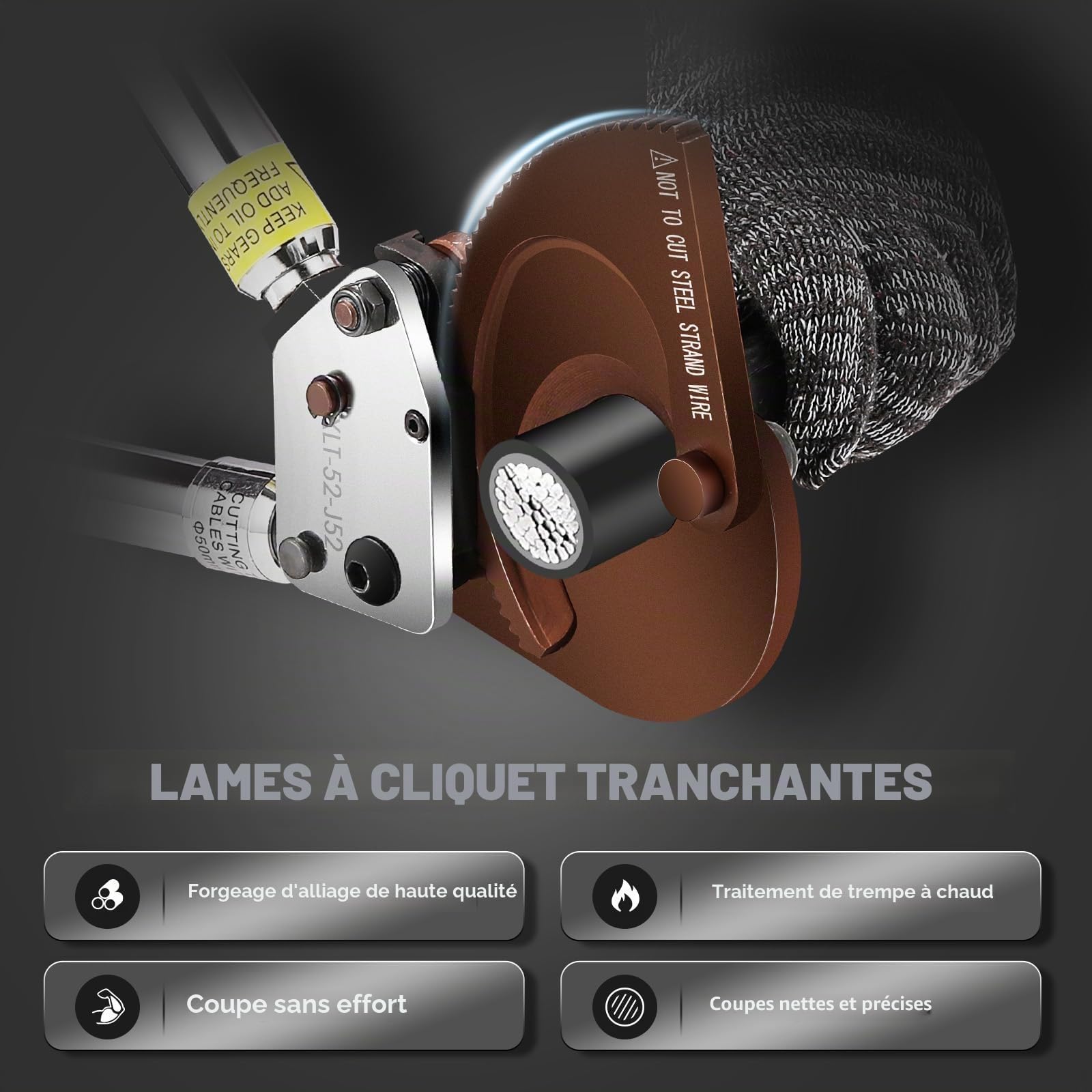 Newtry coupe-câbles à cliquet robuste pour le découpage de câbles blindés en cuivre/aluminium jusqu'à 500 mm². Outil de découpe de fil efficace (J52)