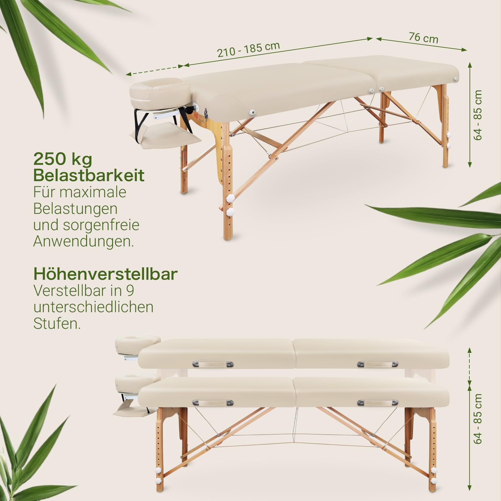 Zen – Mobile Round Corner Massageliege klappbar & höhenverstellbar – Vollholz Massagetisch mit abgerundeten Ecken für aktive Massagestile – Massagebank mit Kopfteil, Armlehnen & Tasche (Creme)