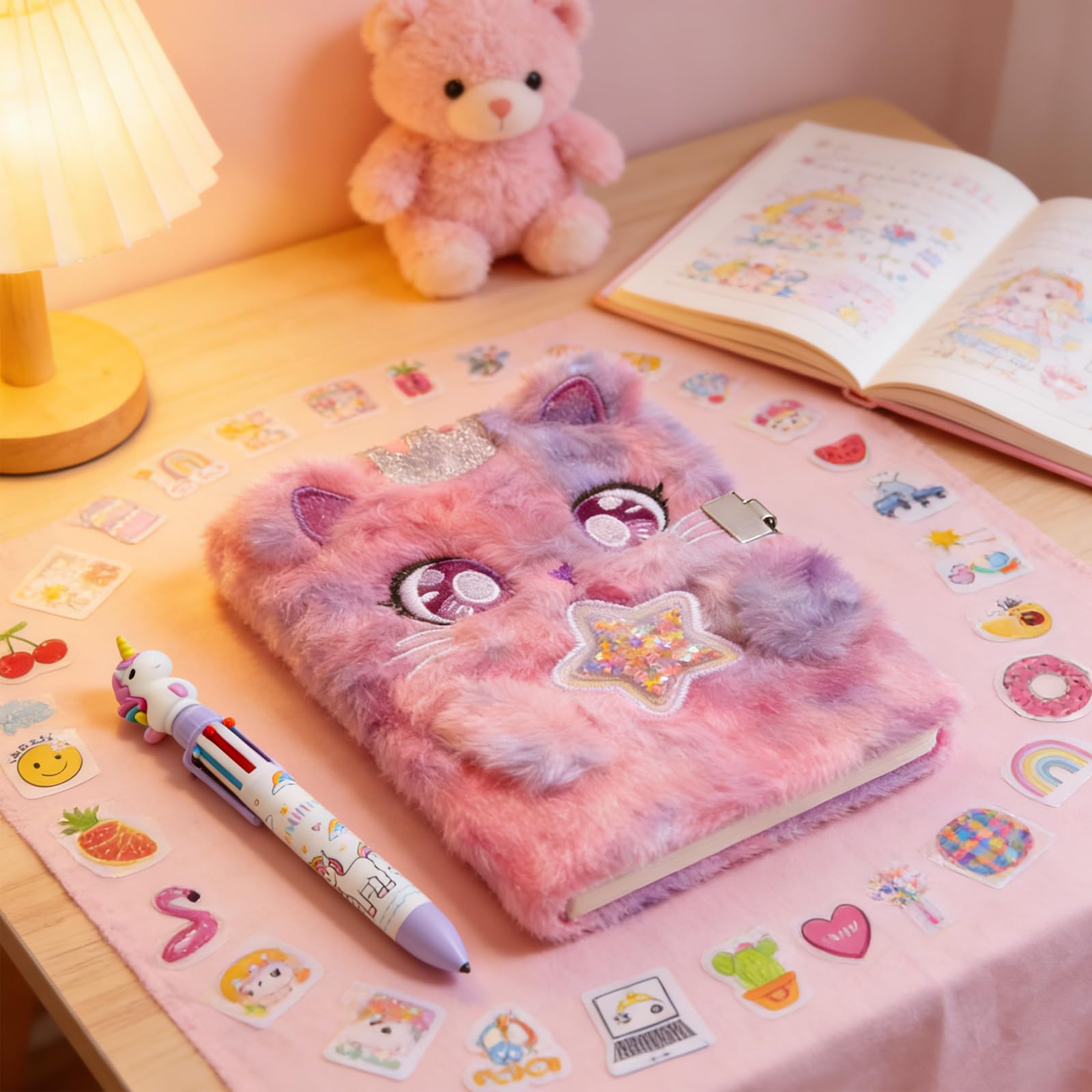 Diario per ragazze con lucchetto e chiavi, diario scolastico e viaggio, set regalo per scrivere e disegnare, penna multicolore, adesivi, regalo di compleanno per ragazze (gatto viola)