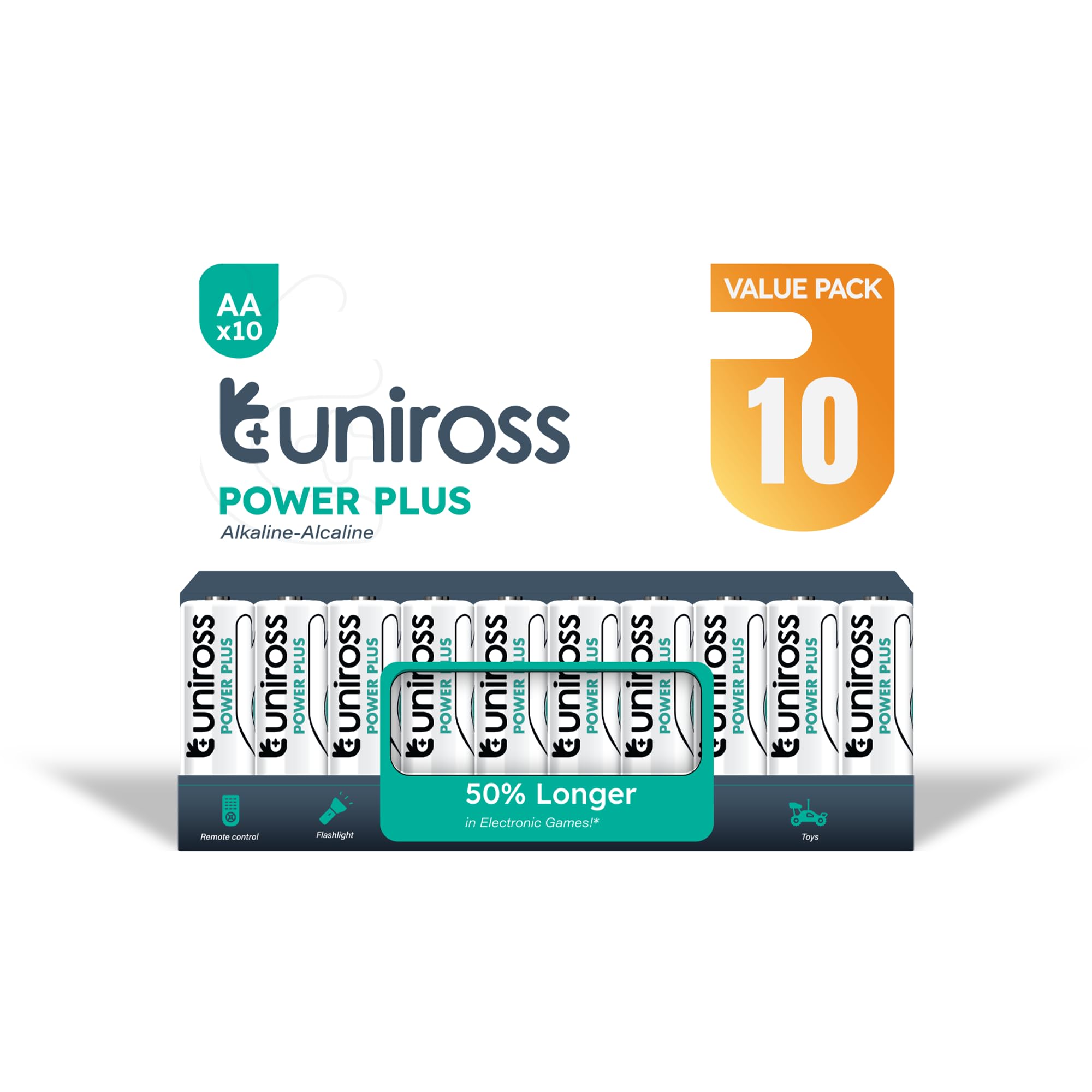 Uniross Power Plus Alkaline Battery AA 1.5V Reliable Performance, Long Shelf Life, Rugged, leak-proof Battery Pack of 10