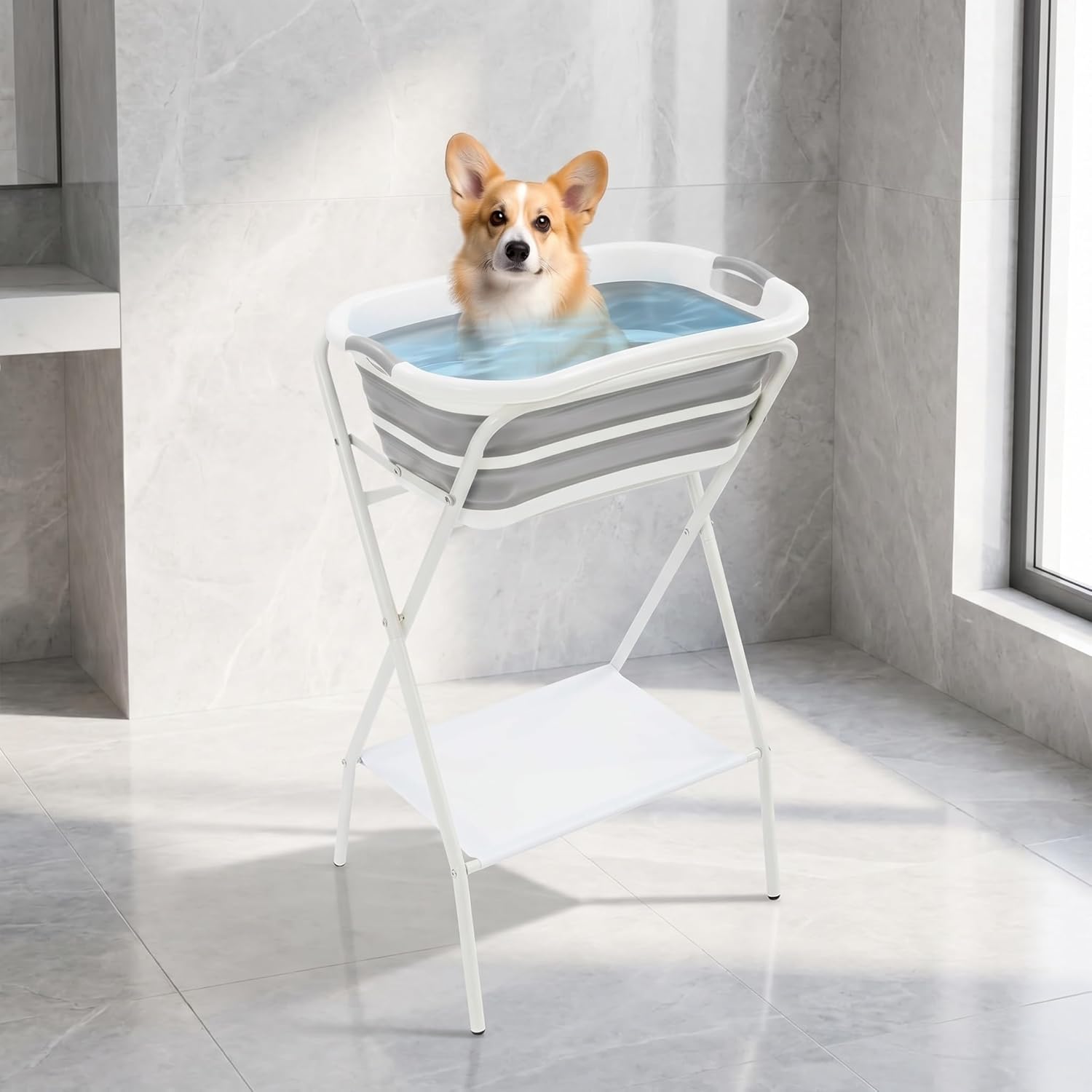 Foldable 2-in-1 Elevated Pet Bathtub - Collapsible Dog Washing Station for Grooming, Bathing, and Showering - Portable Pet Bathing Basin for Dogs and Cats