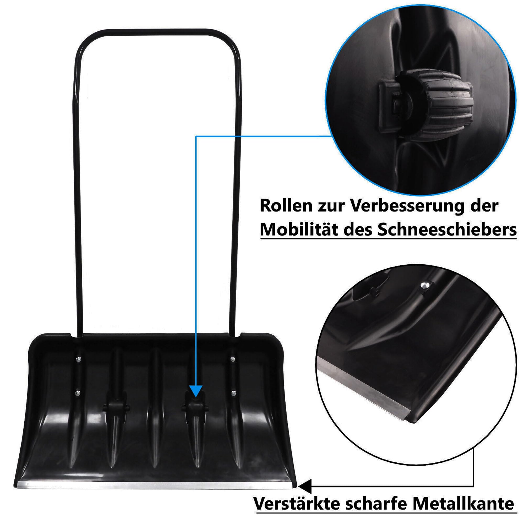 Schneeschaufel 82 cm mit Rädern und ergonomischem Griff Schneewanne mit Alu-Profilkante Metall-Stiel Kunststoff-Blatt Schneeschieber Eckig robuste Kratzschaufel Aluminiumkante