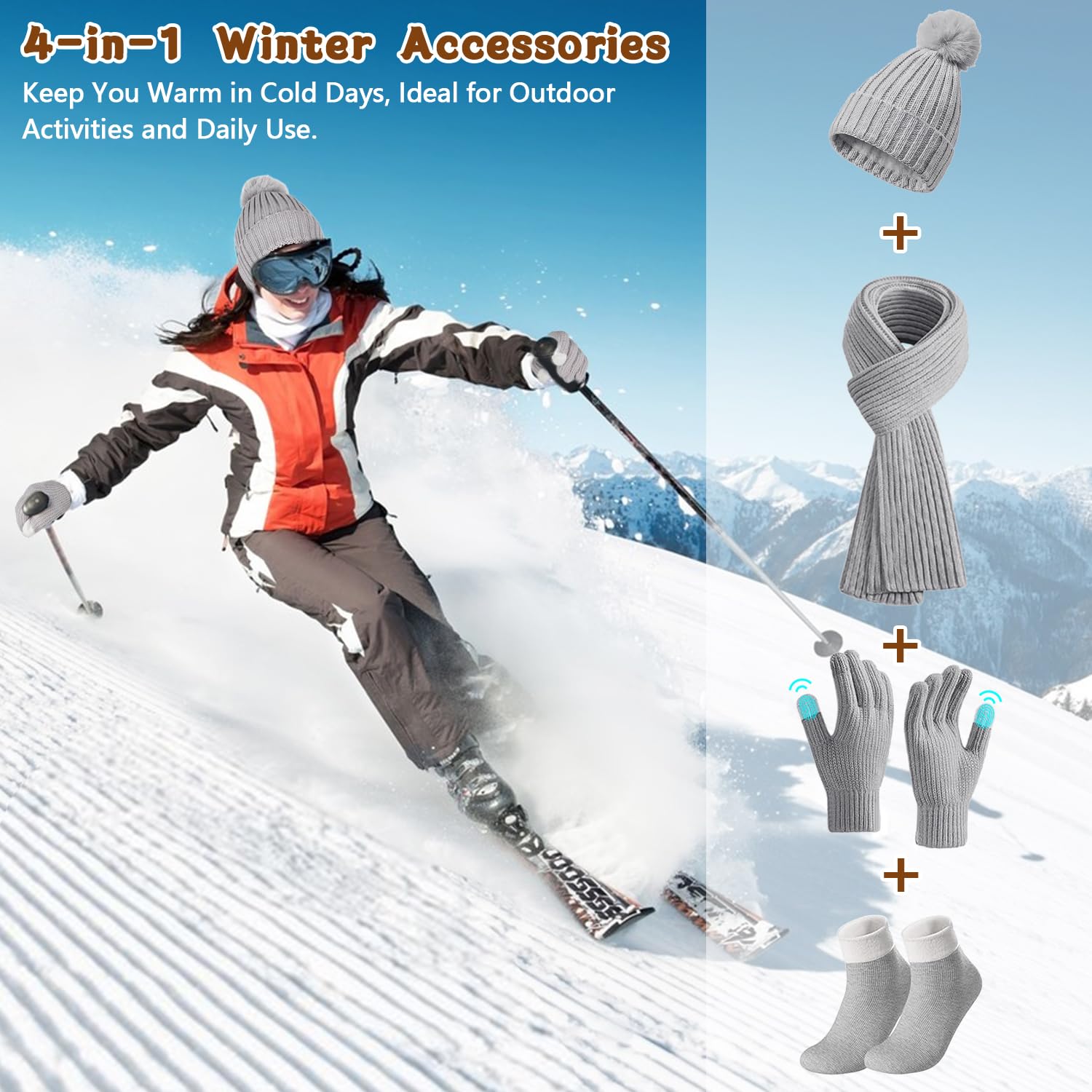 Gorro Bufanda De Punto Guantes Invierno Set, 4pcs Conjunto Esqui Mujer con Guantes Pantalla Táctil y Calcetines Térmicos, Conjunto Gorro Calavera para Mujer Deportes Aire Libre