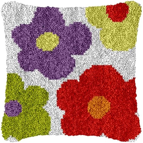Colored Flowers Latch Hook Pillow Kits Cushion Throw Pillow Embroidery Craft Kits for Beginner DIY Latch Hook Rug Kit Pillow Wool Cross Stitch Carpet Set 43x43cm
