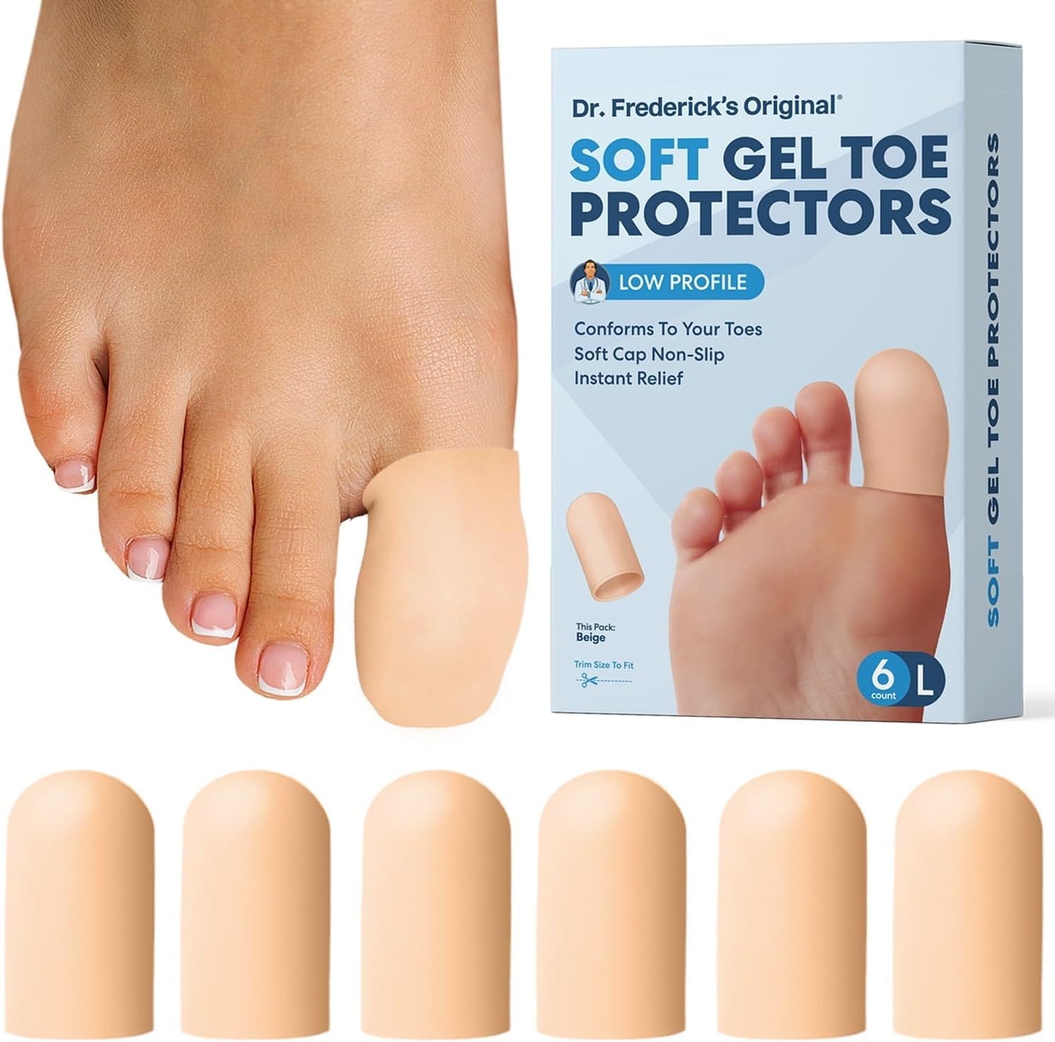 Dr. Frederick's Original Soft Gel Toe Protectors for Men & Women - 6 ct - Toe Caps for Foot Pain Relief - Sleeves for Ingrown Toenails, Corns, Calluses, and Blisters - Large - Beige