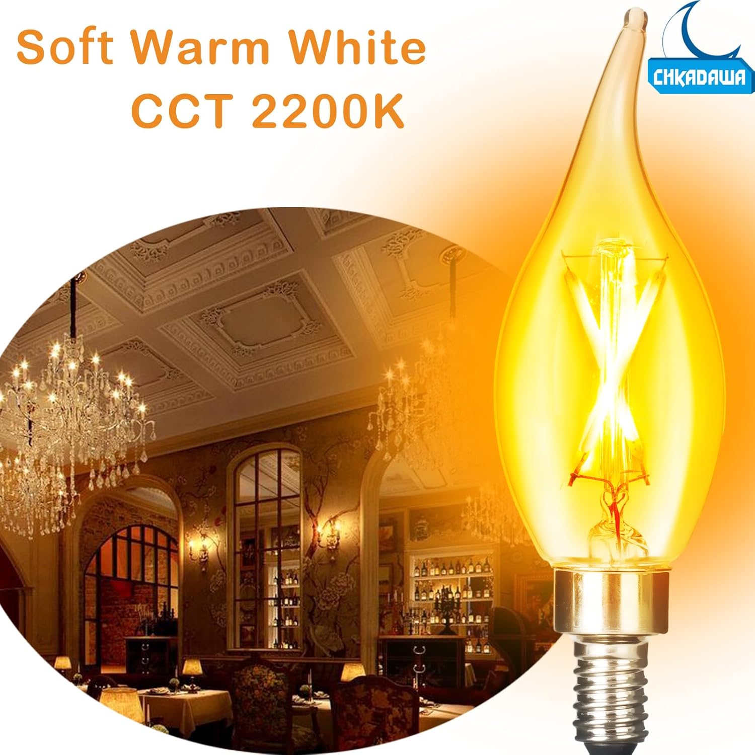 CHKADAWA E12 Amber Candelabra Light Bulbs Dimmable 40 Watts Equivalent, Flame Tip Chandelier Light Bulbs CA11, Vintage Candle LED Bulb, Warm White 2200K, CRI 90+, 12 Pack
