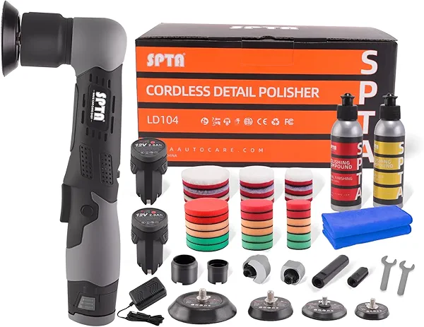 SPTA Cordless Mini Car Polisher 12V Scratches Killer Car Polisher RO/DA Cordless Polisher with Polishing Pad for Polishing, Sanding and Cleaning (Sets 1)