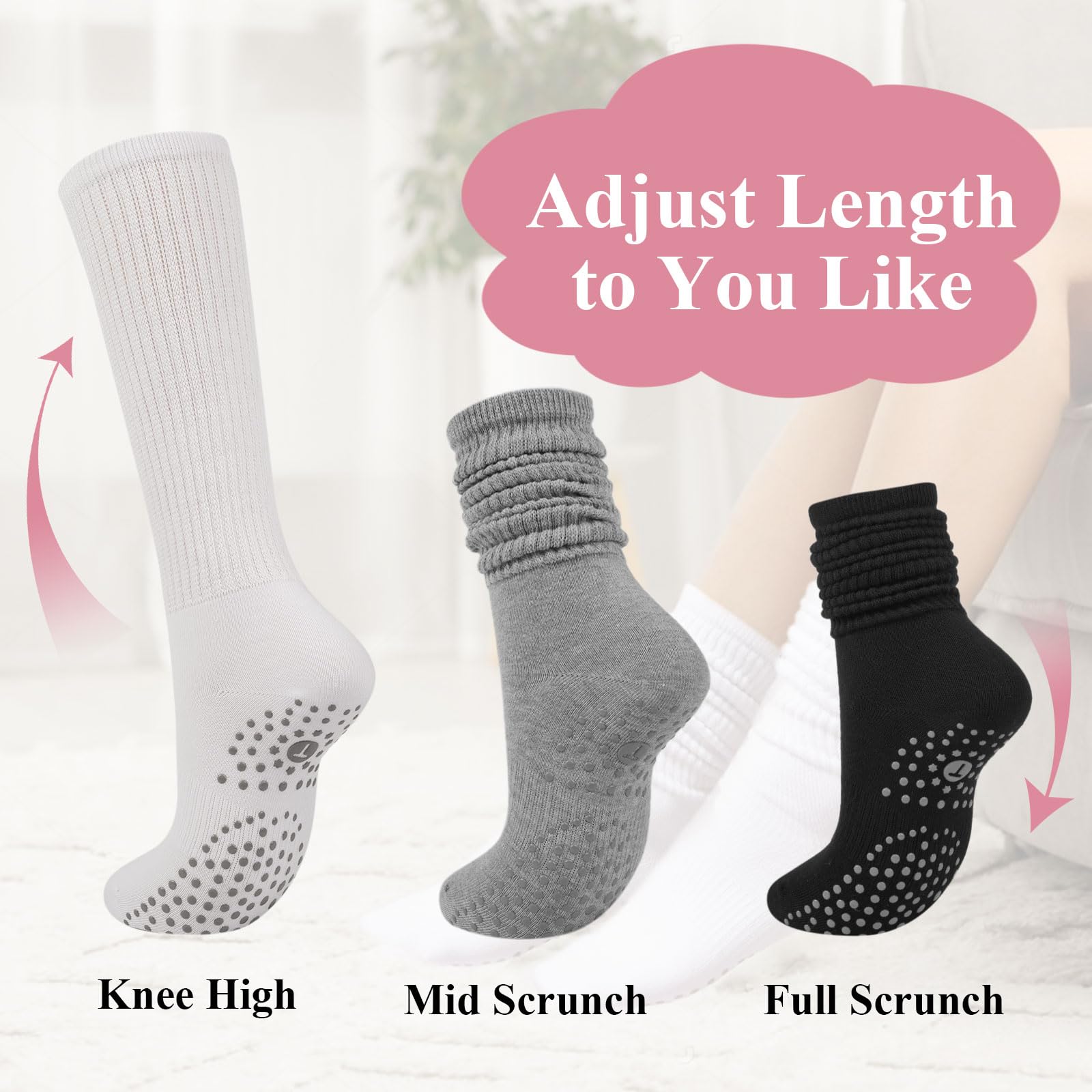 Grip Pilates Socks for Women, Yoga Slouch Socks with Grip for Barre Workout Hospital Long Scrunch Slipper Socks: White+black+grey