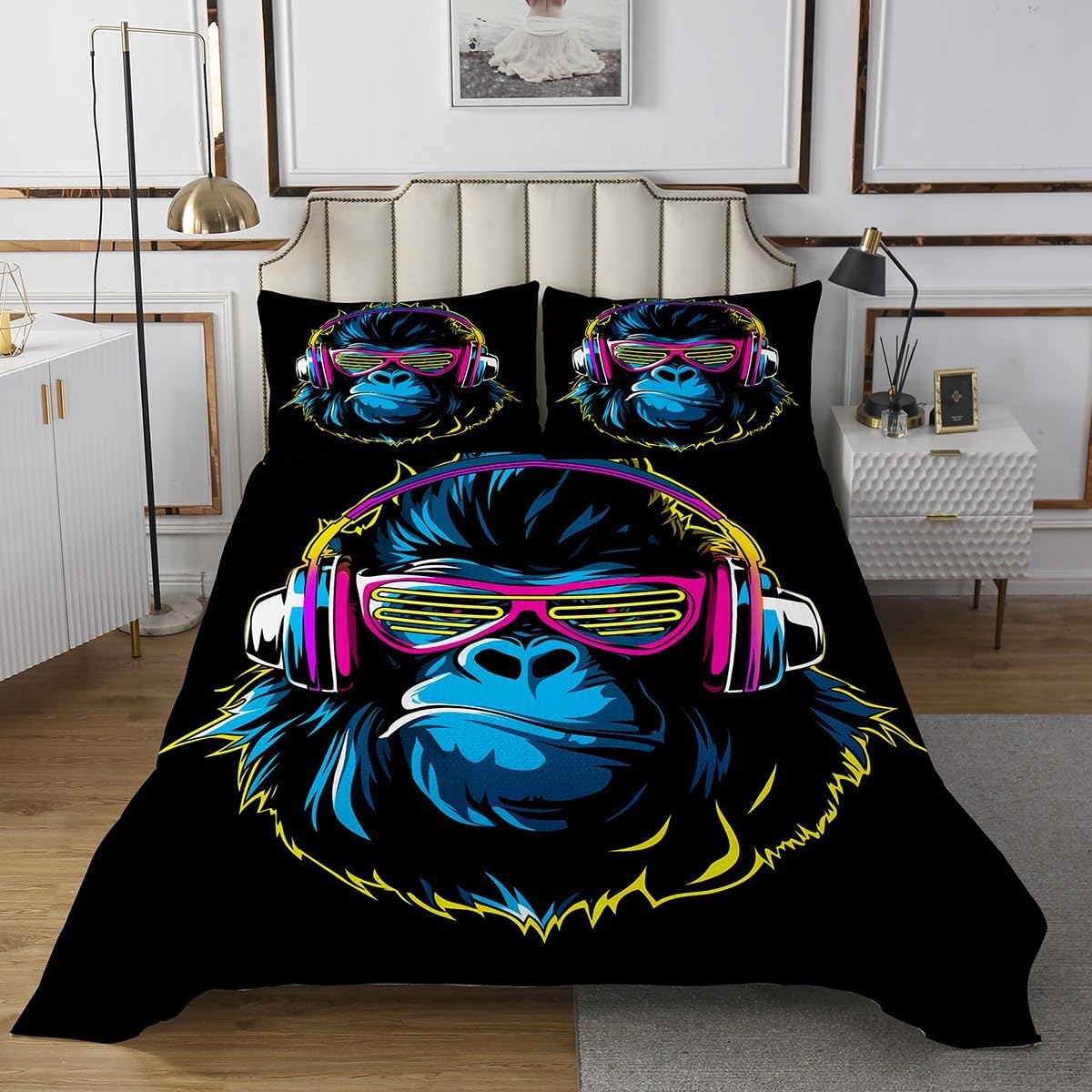 Gorillas Music Bedspread Boys Man,Wild Animals With Headset Sunglasses Quilted Coverlet,Hippie Hip Hop Style Coverlet Set For Kids Youth Child,Breathable Bedding Collection Room Decor,Twin Size