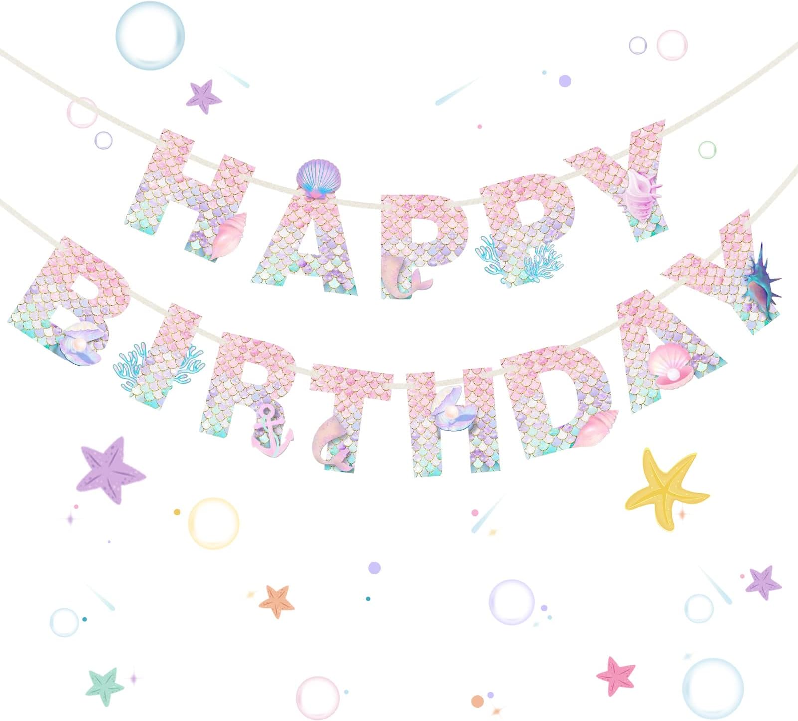 GLGHMH Mermaid Happy Birthday Banner, Birthday Party Decorations for Girls, Mermaid Theme Birthday Party Supplies for Home Table Outdoor