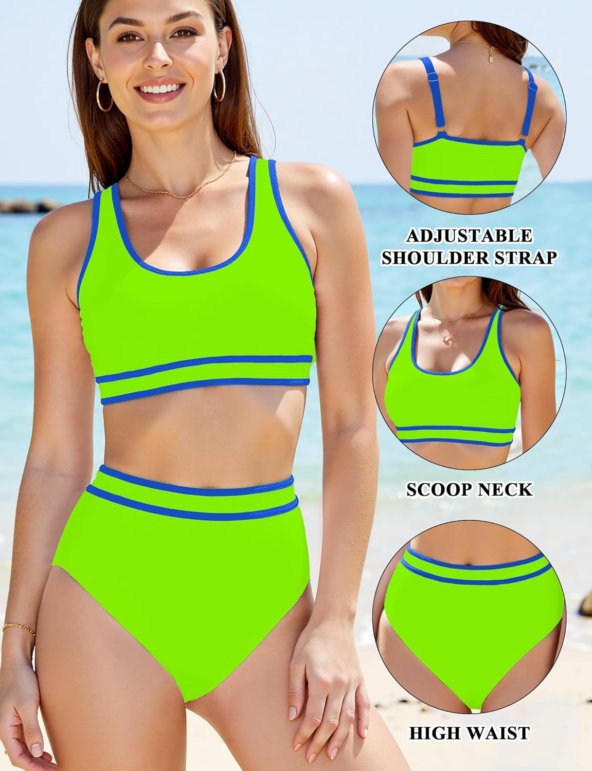 Buauty Women's High Waisted Bikini Sets Two Piece Swimsuits for Women Sporty Color Block Cheeky High Cut Bathing Suits 2026 - Image 5