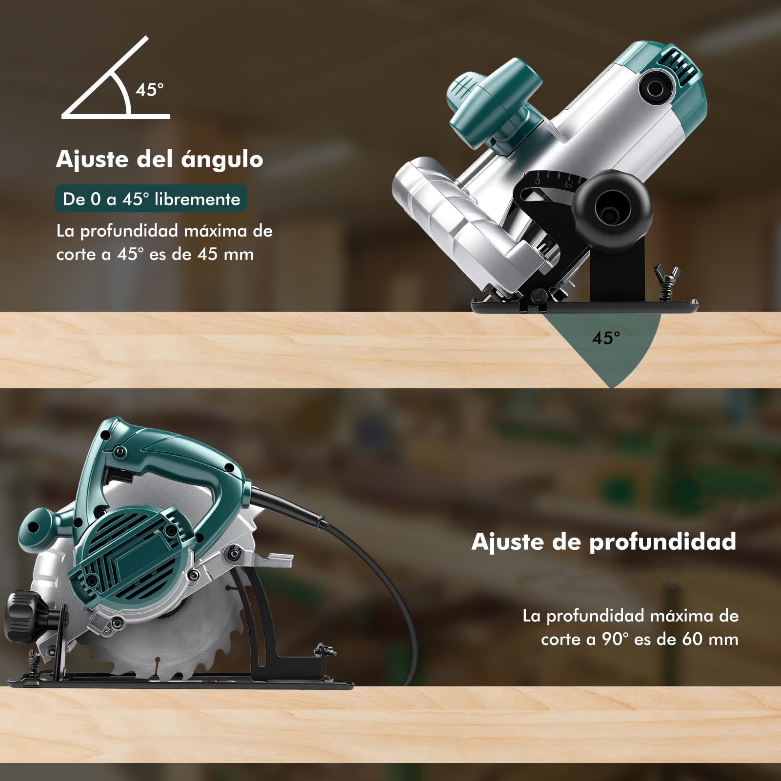 Sierra Circular Eléctrica de 1200 W, 220V 5200 Rpm Potente Velocidad Variable Ángulo Y Profundidad Ajustables, Con 3X Hojas de 185mm 24T/40T/60T, para Carpintería Doméstica, Tubos de Pvc