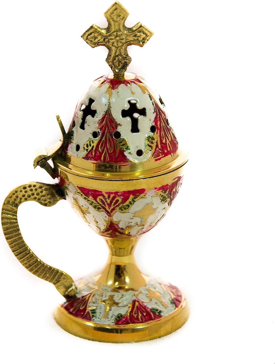 Christian Brass Resin Incense Burner, Greek Orthodox Thurible Incense holder, Metal Byzantine Home Censer Perfume burner, religious decor, Red, Gold, Green, Brown