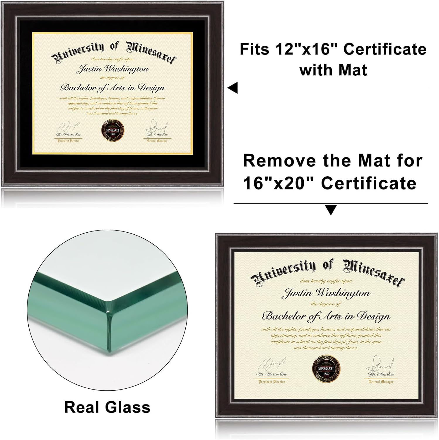 16x20 Diploma Frames 12x16 with Black Mat, Fits Degree Certificate Document, 20 x 16 Walnut Color Frame with Tempered Glass Panel for Wall Mounting