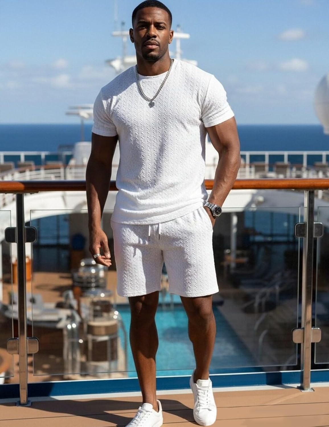 UOUA Mens Summer Outfits 2 Piece Short Set Casual Track Suits Matching Crew Neck Shirt and Vacation Shorts - Image 3