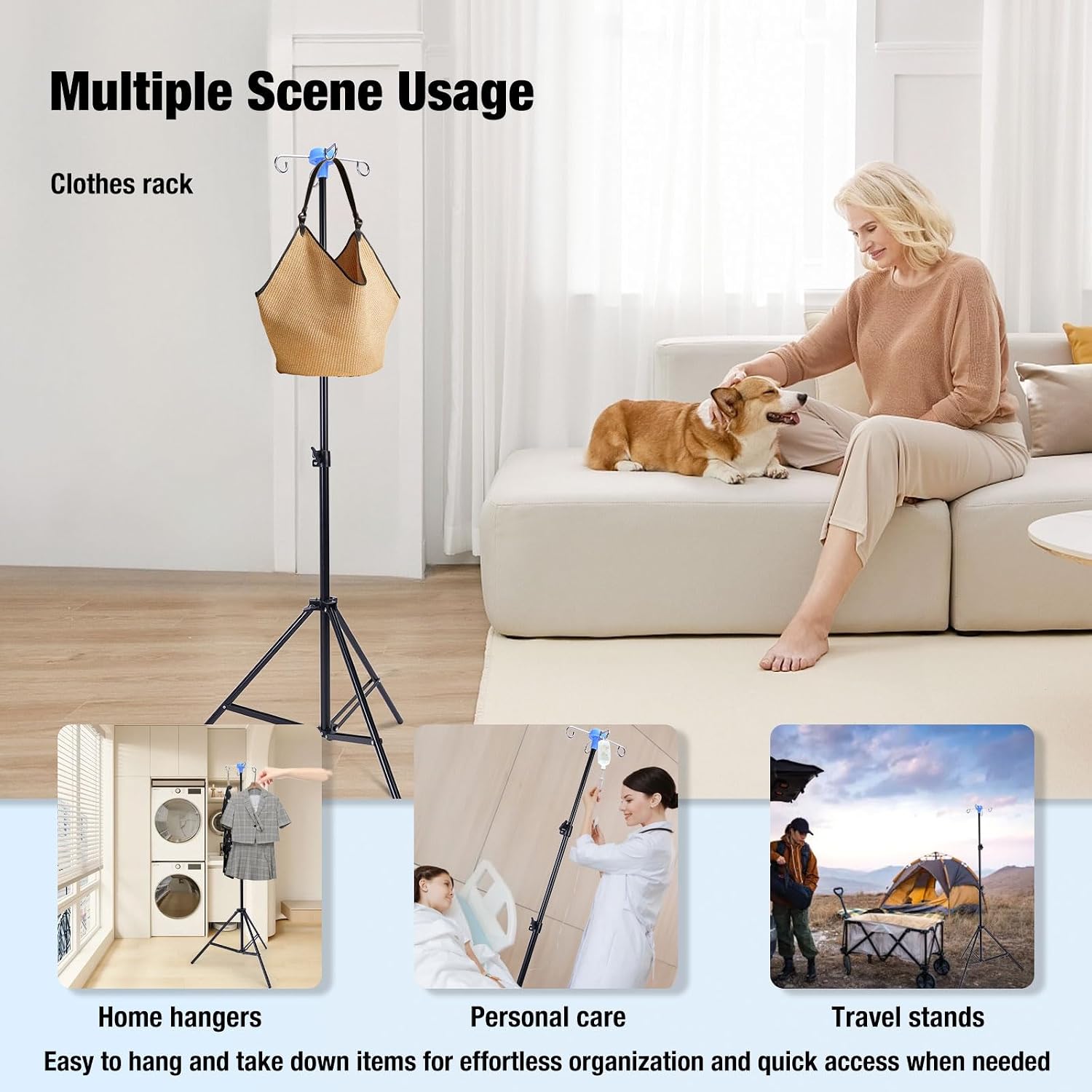 Tripod IV Poles Stand, Foldable Portable IV Poles with 4 Hook, Collapsible Floor Stand for Travel Home Care (Black)