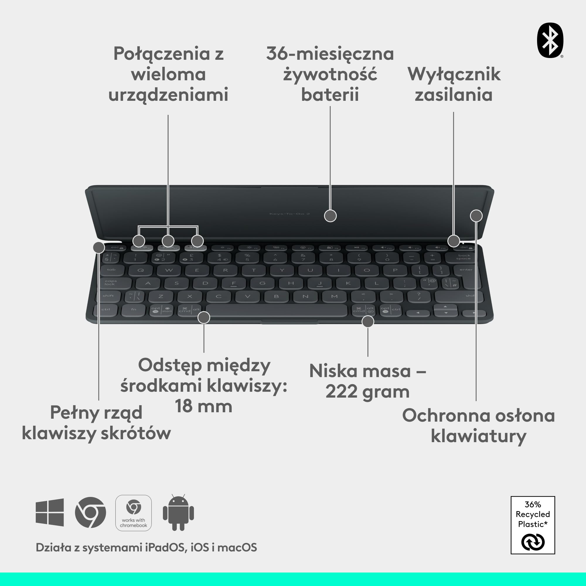 Logitech Keys-To-Go 2, przenośna klawiatura Bluetooth do tabletu z wbudowaną osłoną, smukła, bezprzewodowa do systemów Windows, Android, Linux, iPad, iPhone, Mac, Apple TV, QWERTY US INT'L - Grafit