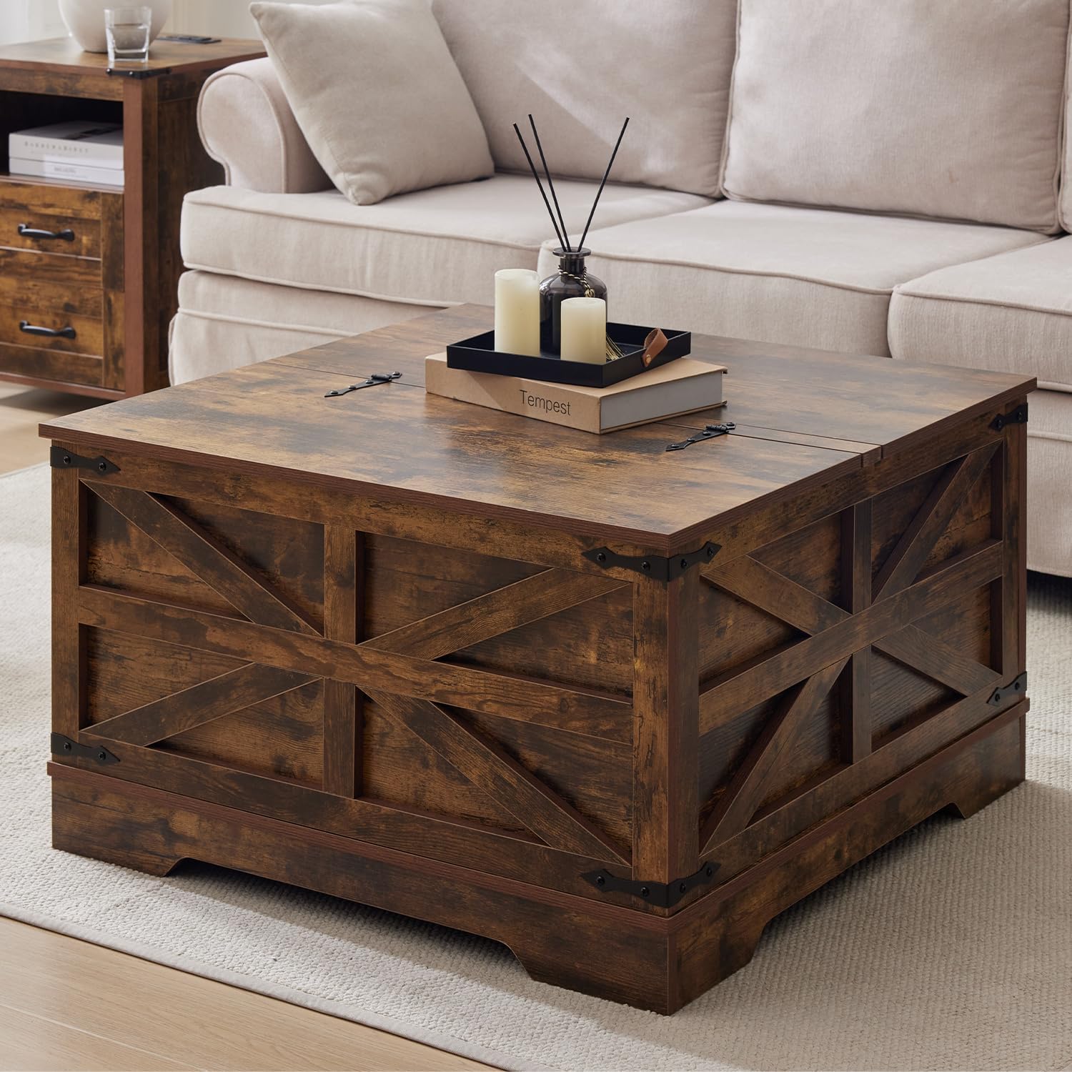 Brown Coffee Table with Storage, Cocktail Table with Hinged Lift Top, Farmhouse Square Wood Center Table with Large Hidden Storage Compartment for Living Room, Square Coffee Table, Metal Edges Decor