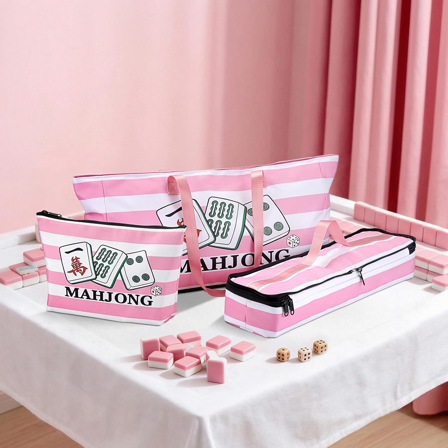 Empty Mahjong Bags Set of 3, Mahjong Carrying Storage Bag for Tiles and Racks, Fabric American Mahjong Accessories Organizer with Zippers, Portable Mahjong Tile Case for Game Party Gathering
