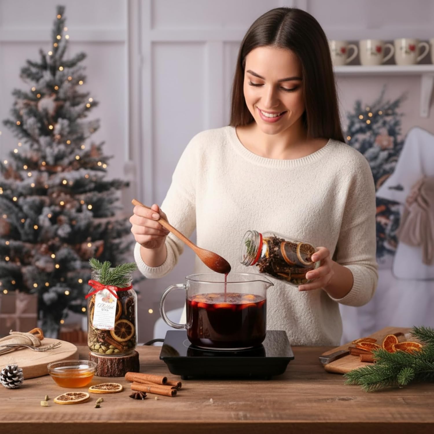 Honeydak 6 Set Christmas Wine Potpourri Simmer Pot Gifts Christmas DIY Mulled Wine Gifts Mulling Spices Mugs Mulled Apple Cider Jars Without Spices for Holiday Winter House Warming Simmering Supplies