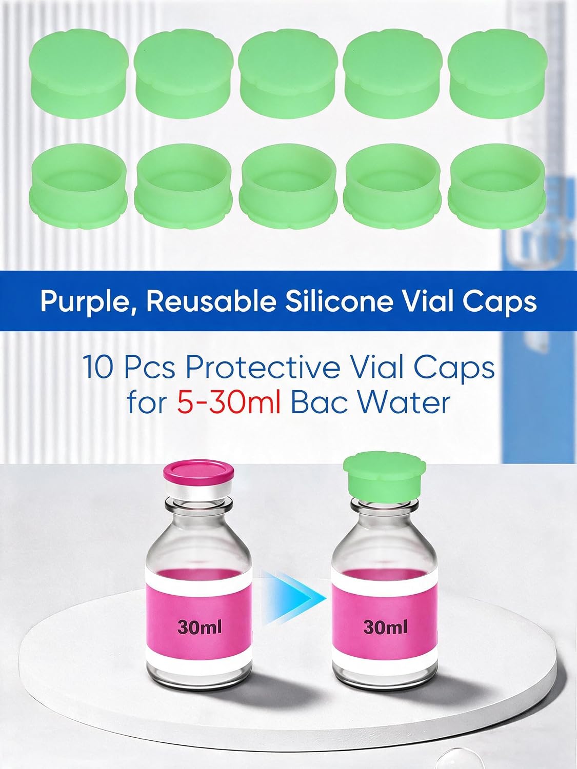 10PCS 5ml Vial Caps, Peptide Caps for Vials - Food-Grade Silicone, Green