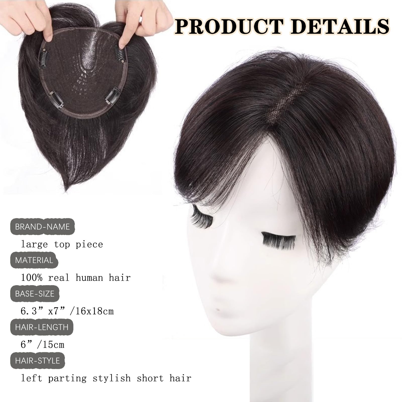 Kurzhaar Echthaar Topper für Damen,Mokka Braun Remy Echt-Menschenhaar Clip-in Haarteil 16x18cm handgeknotete Basis Links-Scheitel Haaraufsatz gegen dünnes Haar & graue Haare 15cm Haarlänge