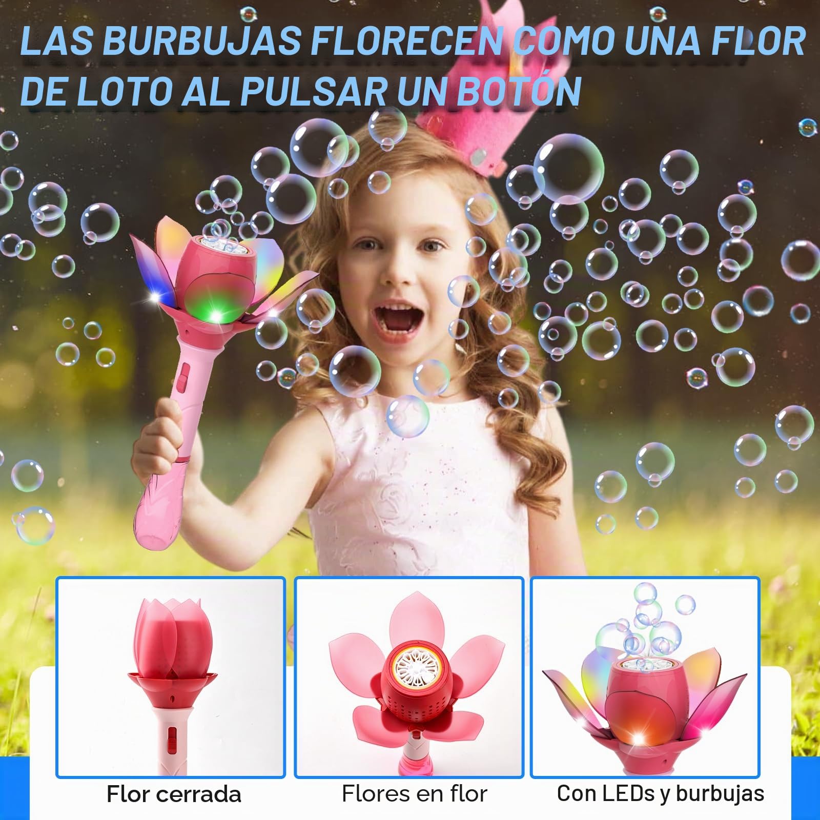 Flor de Loto Máquina de Burbujas, Pistola de Burbujas para Niños 10000+ Burbujas/Minuto, Pistola Pompas de Jabon Niños con 120ml solución y 8X 10ml Concentrado de Burbujas