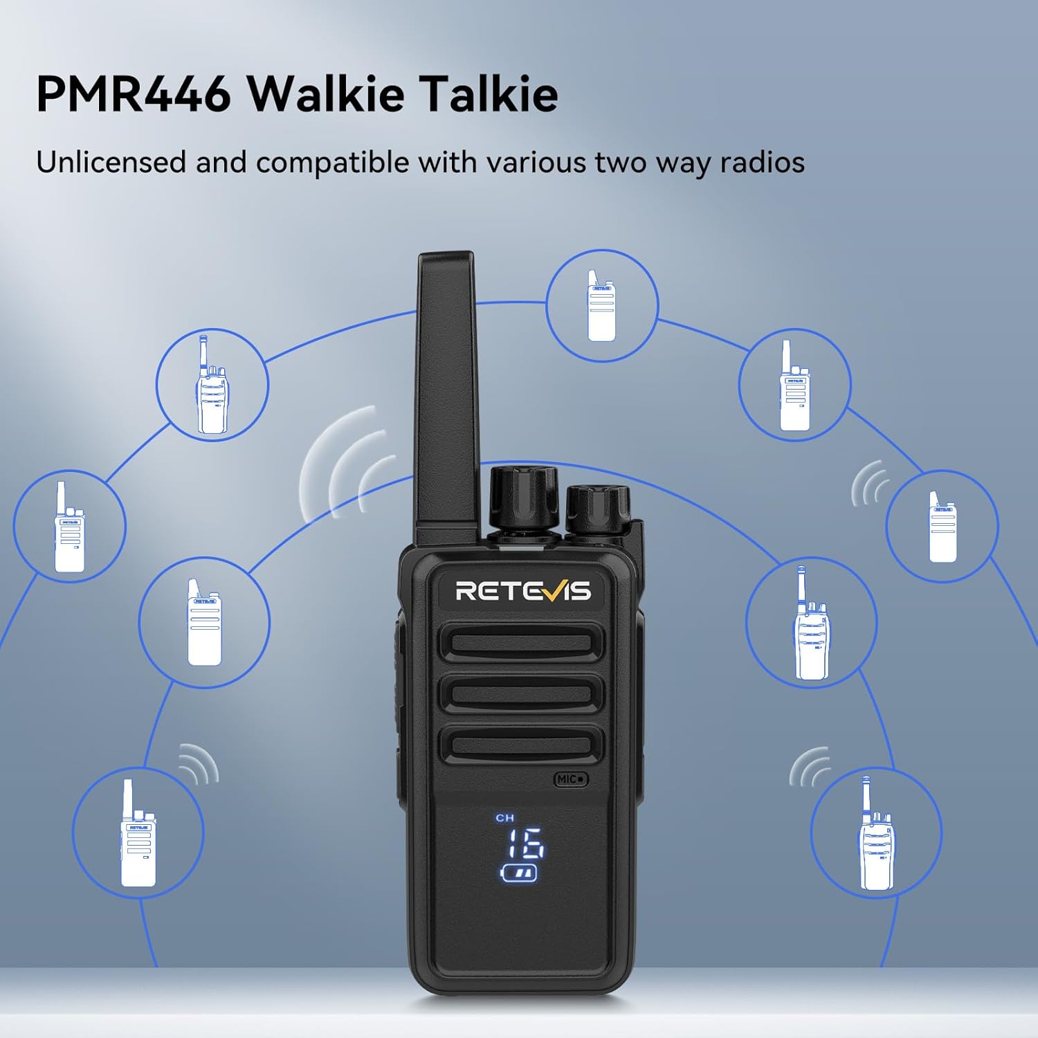 Walkie talkie Retevis RT668H circondato da altre icone di walkie talkie, che indicano la compatibilità con PMR446.