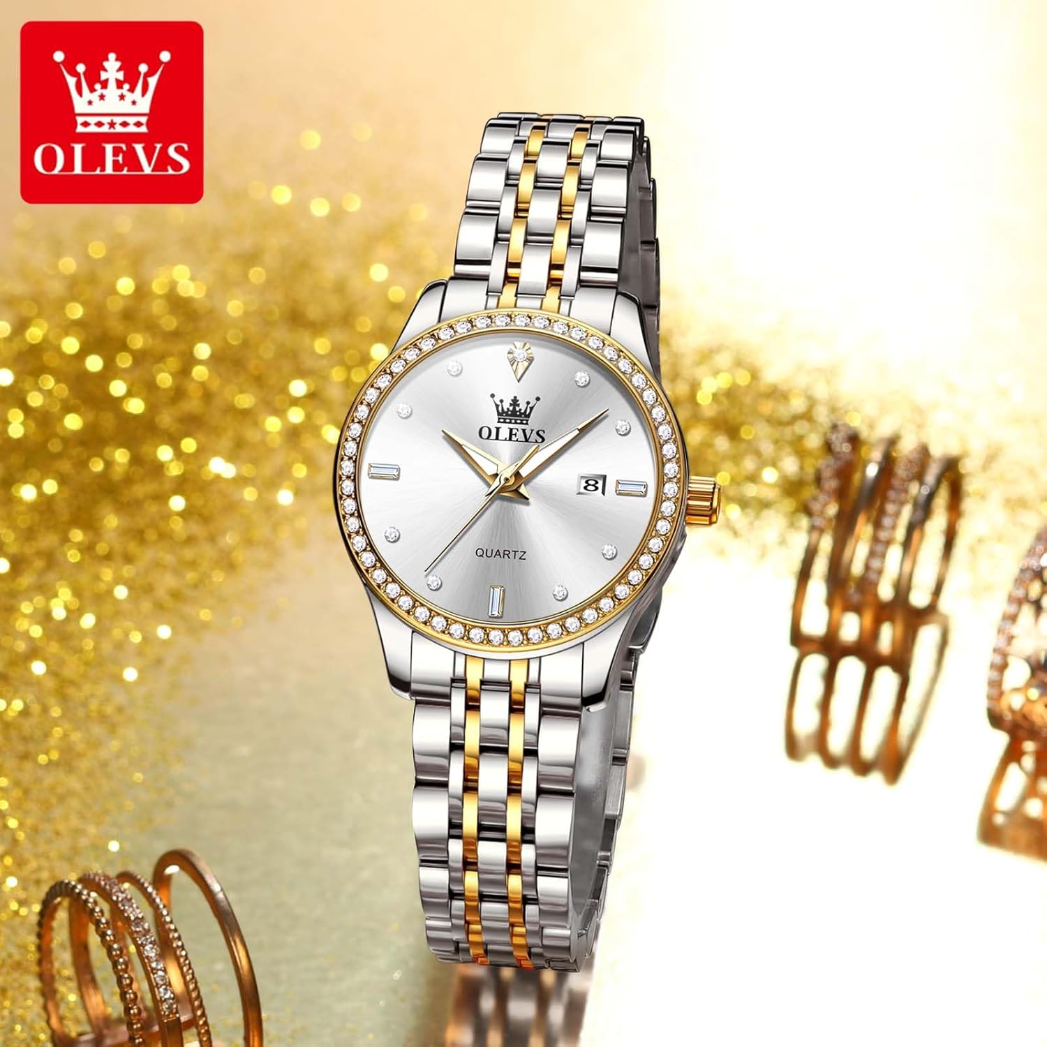 OLEVS Gold Watch for Women Waterproof Small Dial Ladies Watches Stainless Steel Analog Womens Wrists Watches Fashion Luxury Dress Diamond Watches for Women (Gold/Blue/Slive) Dial Gift for Women - Image 4