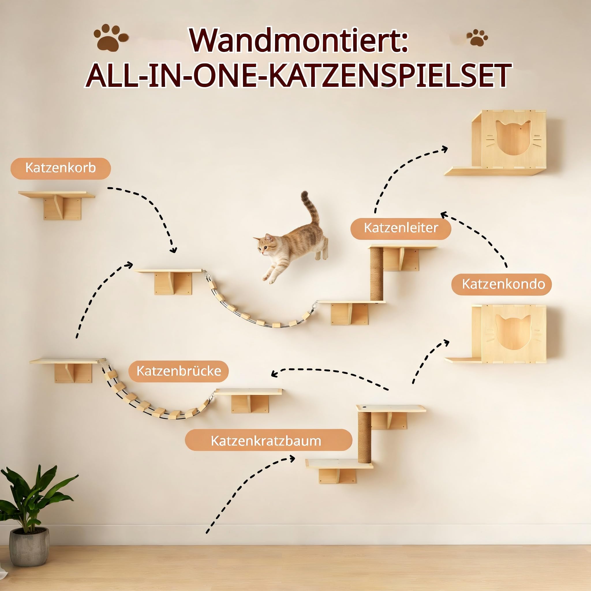12-teiliges Katzenregal-Set, Wandmontiertes Katzenspielzeug-Set mit Katzenbrücke und Kratzbaum, Großer Wandmontierter Kletterbaum-Aktivitätszentrum für Katzen, Kletterwand für Wohnungskatzen zum Schla
