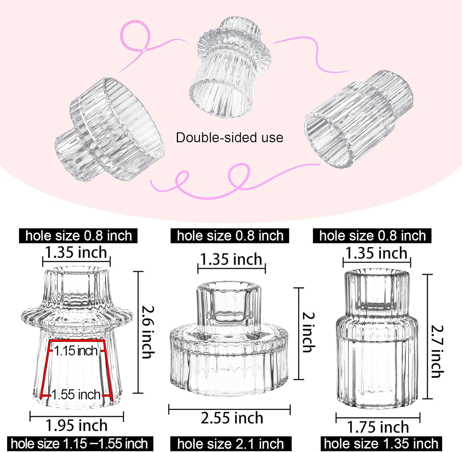 Double Sided Vintage Ribbed Taper Glass Candle Holders,Tea Candle Holder for Table Centerpieces, Wedding Decorations and Dinner Parties (Clear, 3 PCS) - Image 2