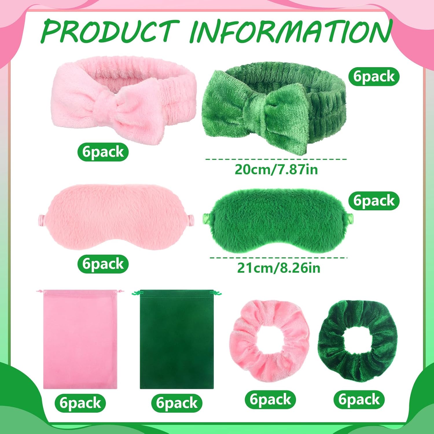 48 Pcs Green and Pink Spa Sleepover Party Supply Witch Sleepover Favors Bulk 12 Makeup Headband 12 Eye Mask 12 Elastic Scrunchie with Bag Slumber Party Spa Gift Accessories