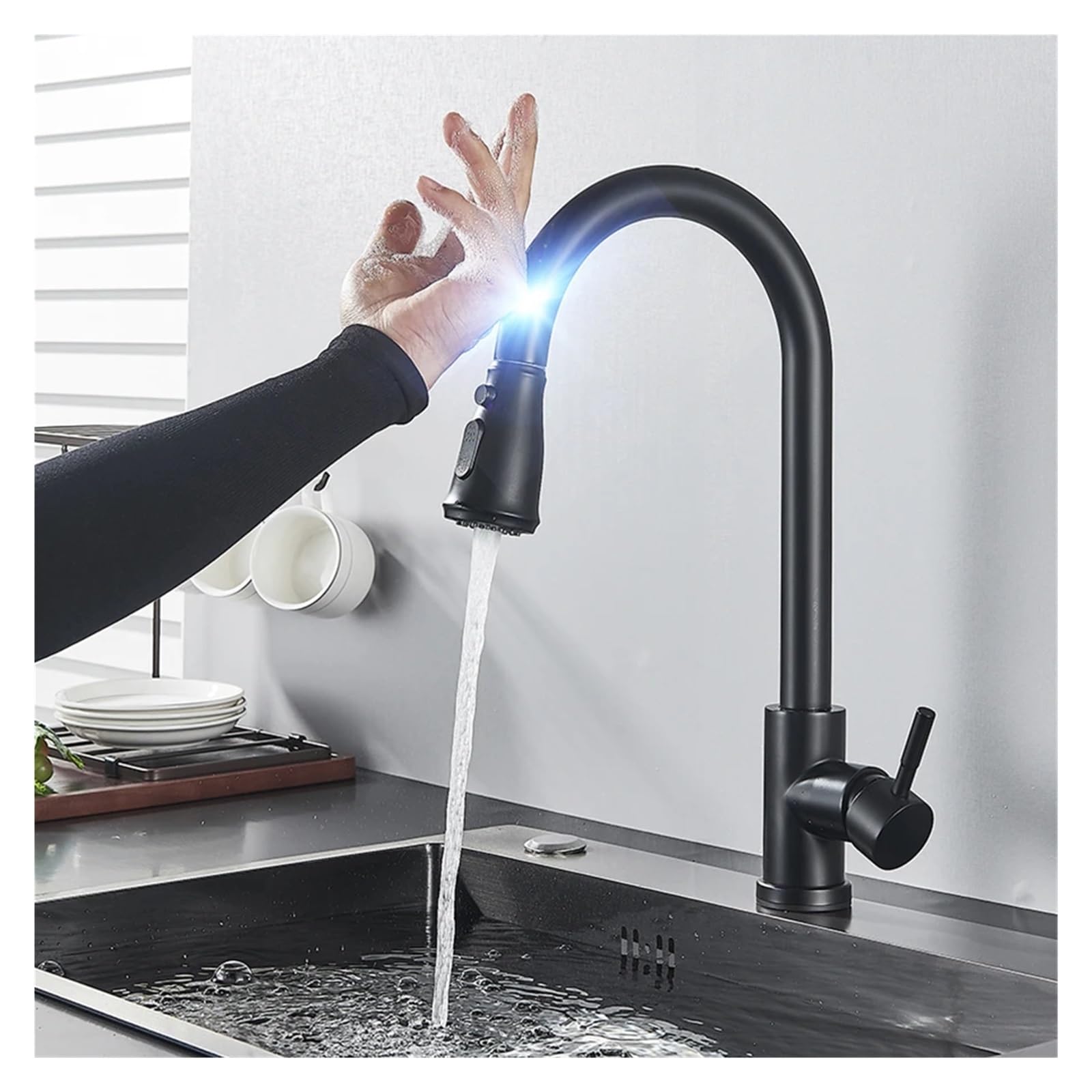 Robinet mitigeur de cuisine à capteur tactile noir avec douchette extractible hygiénique