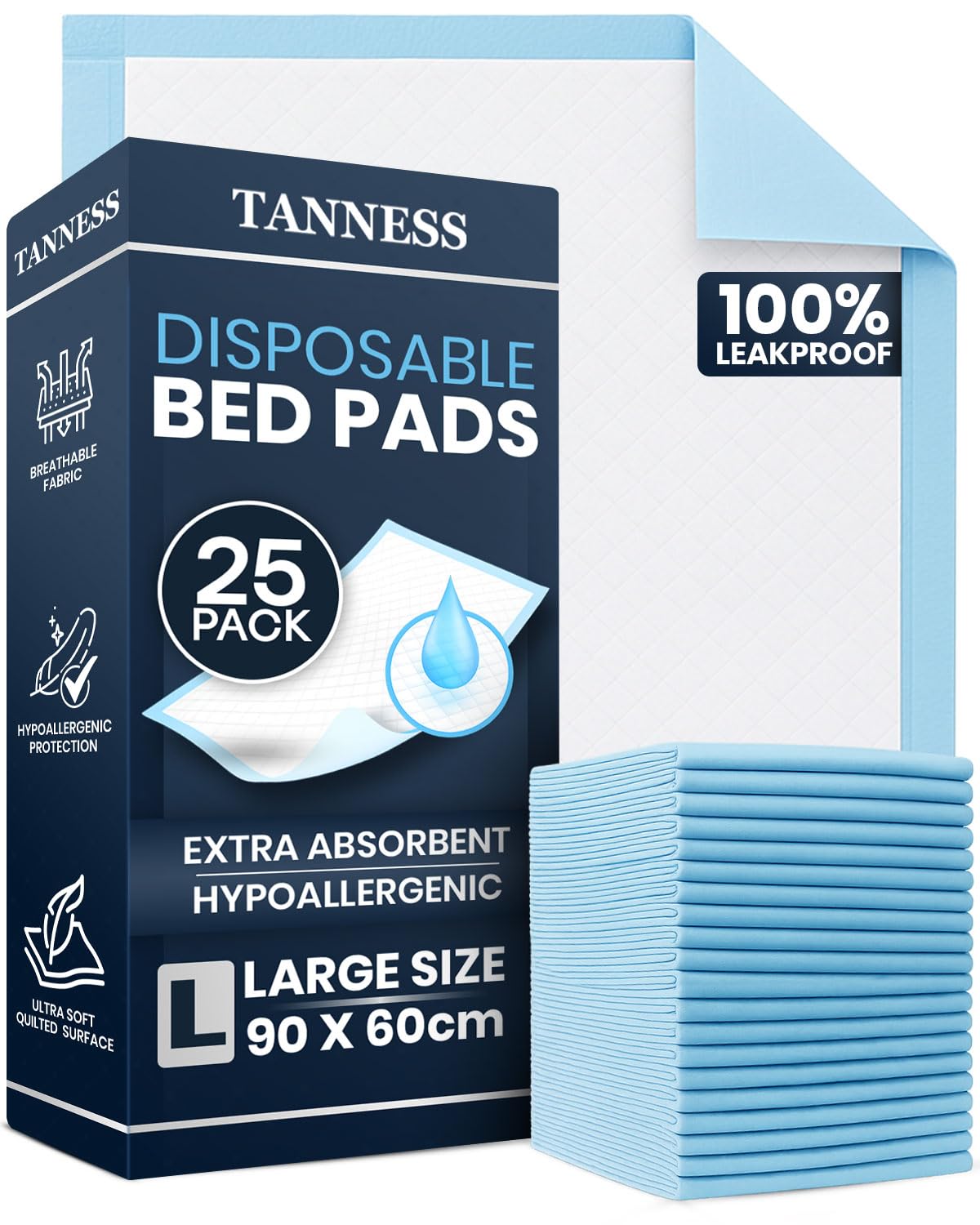 Tanness Women's Blue 25 X Disposable Incontinence Bed Pads - 90X60cm Incontinence Pads And Men - Waterproof Sheet, Bed Wetting Mats - Disposable Changing Mats Baby
