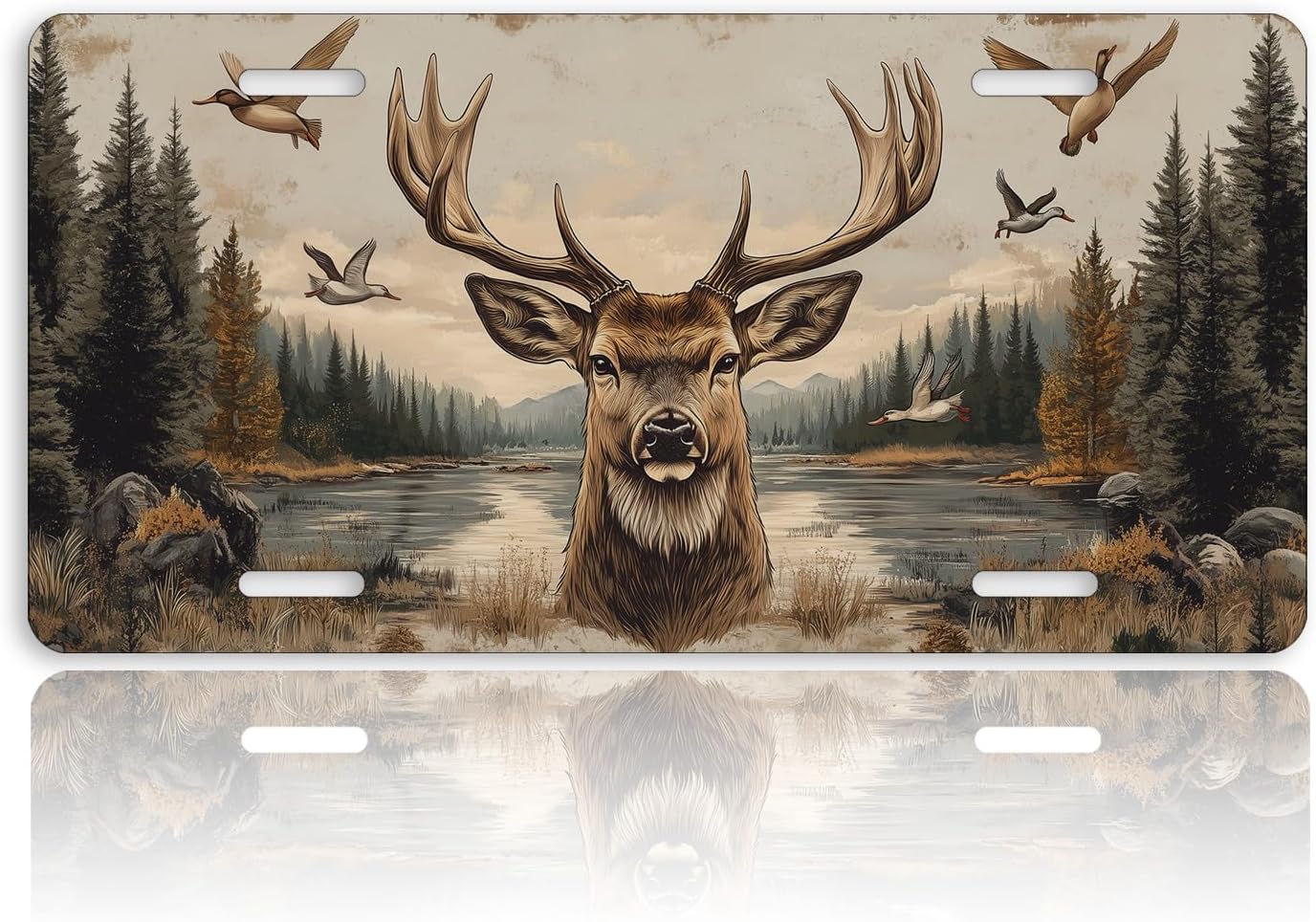 Deer Front License Plate for Women Buck Antlers Wilderness Lake Hunting Car Vanity Plates Decorative Aluminum Metal Cute Novelty License Plate 6x12 Inch (4 Holes)
