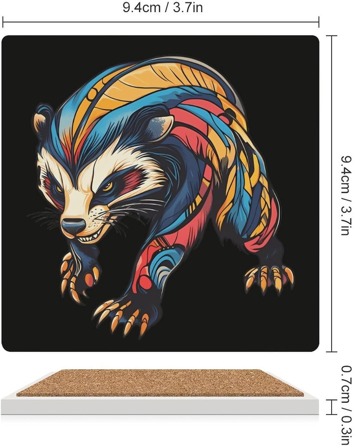 Colorful Aggressive Badger Funny Ceramic Coasters for Drinks Absorbent Cup Holder Tabletop Protector with Cork Base