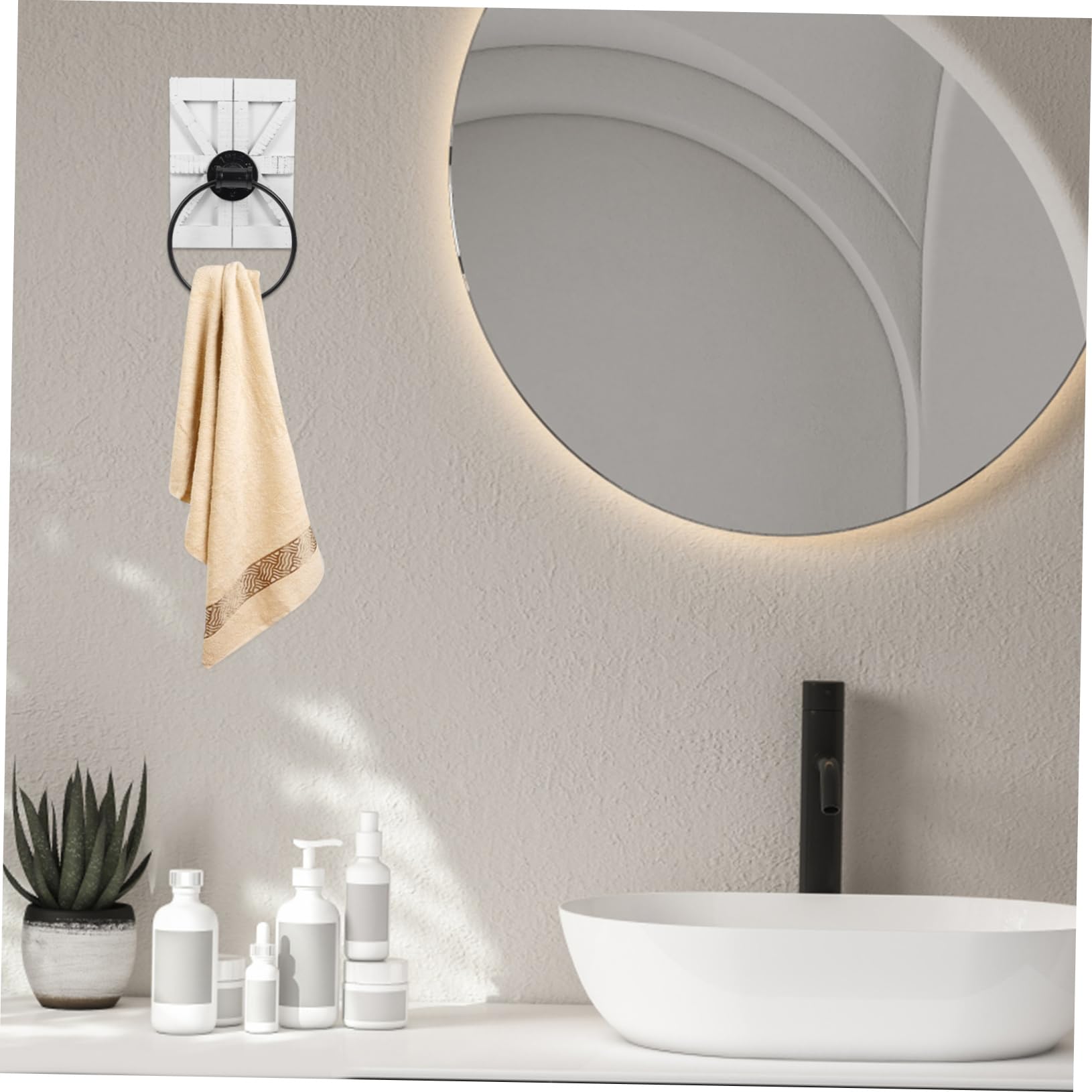 Anello Portasciugamani da Parete Bianco in Ferro con Supporto in Legno | Uso Cucina e Bagno, Montaggio a Muro, Design Europeo Vintage con Finitura Rustica