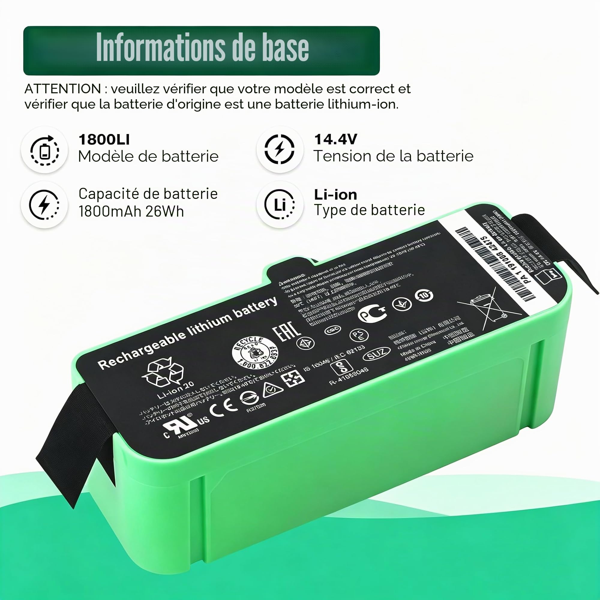 1800LI Batterie pour iRobot Roomba 500 580 595 600 700 800 900 610 670 680 | 671 675 677 685 690 691 695 696 760 761 770 780 790 860 870 871 880 890 895 960 965 966 980 Robot Vacuum Cleaners 1800mAh