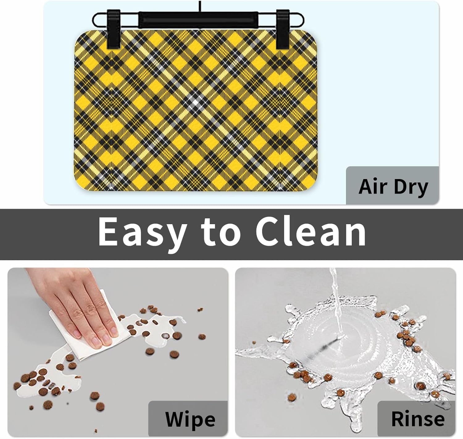 Yellow and Black Plaid Leather Absorbent Pet Feeding Mat Non-Slip for Dogs Cats 40x60cm