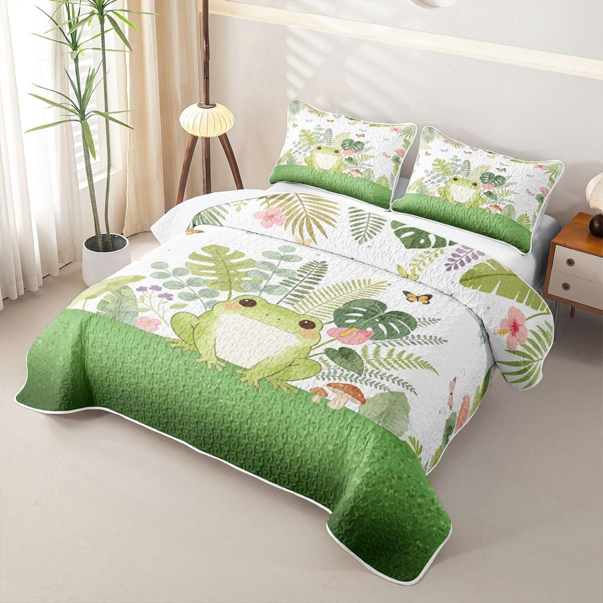 Cute Frog Quilt Set Twin Green Eucalyptus Quilted Bedding Cartoon Animal Pattern Bedspread Coverlet Wildlife Butterfly Quilt Comforter Lightweight Quilted Blanket for Hot Sleepers Boys Girls