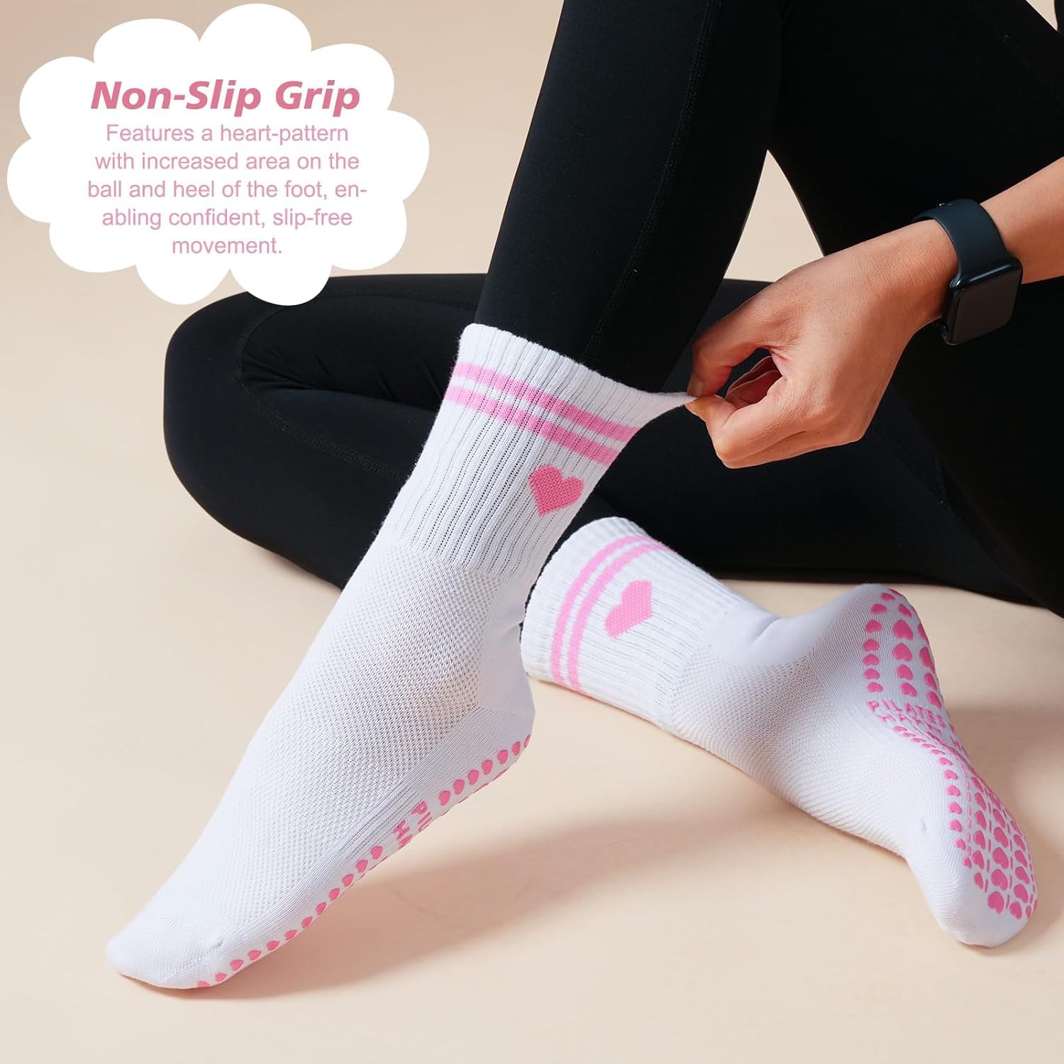 Grip Pilates Crew Socks for Women, Non Slip Yoga Socks with Grips for Barre Hospital Grippy Sticky Sock - Image 4
