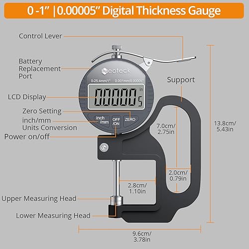 Vista 56 de Neoteck Medidor digital de grosor de 1 pulgada/1.000 in, pantalla LCD de 0.0005 pulgadas con conversión de pulgadas/mm, herramienta de medición